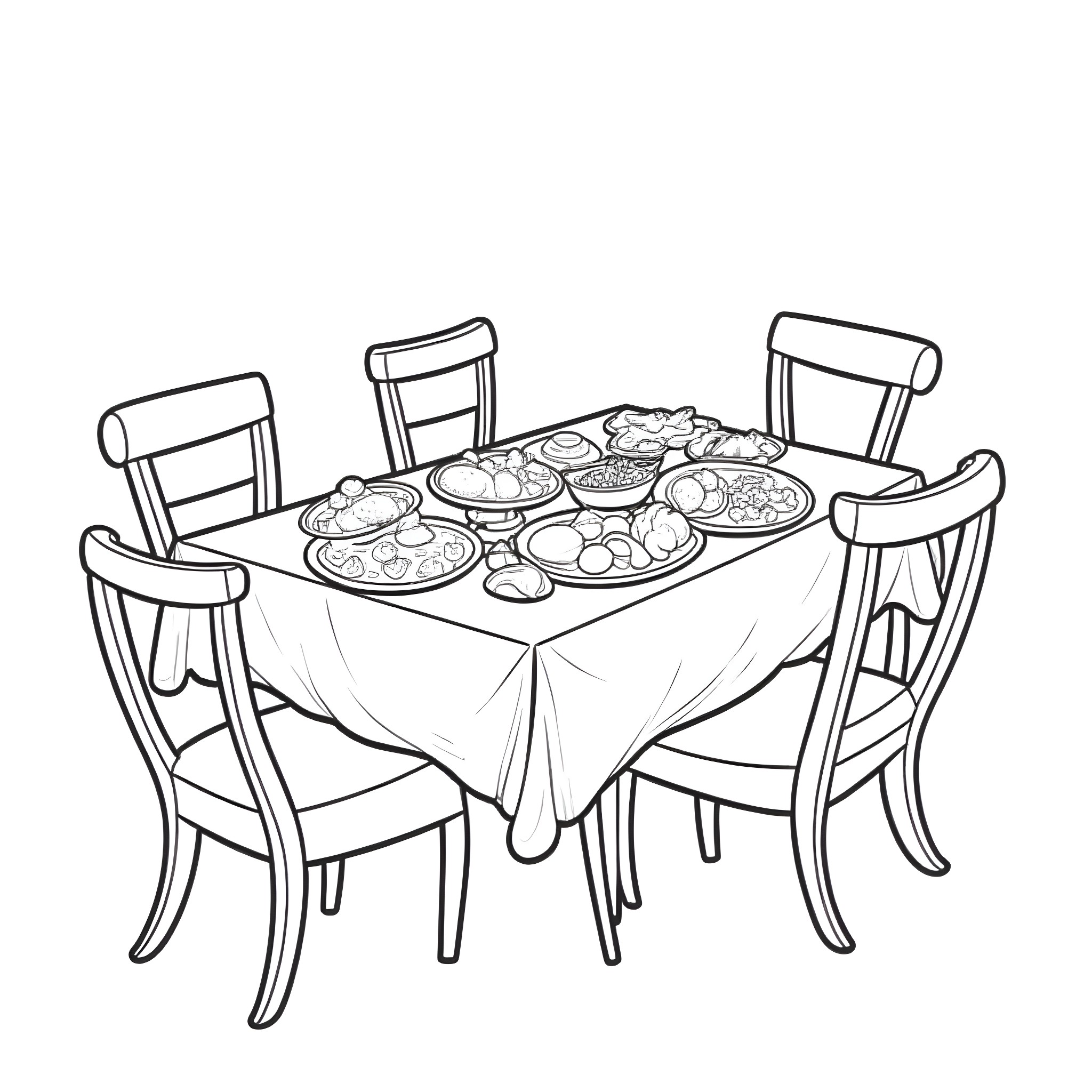 Table of Festive Food Dishes Coloring Page (free black-and-white line drawing printable PDF for all, from beginners to advanced learners, including children, teens, adults, and seniors)