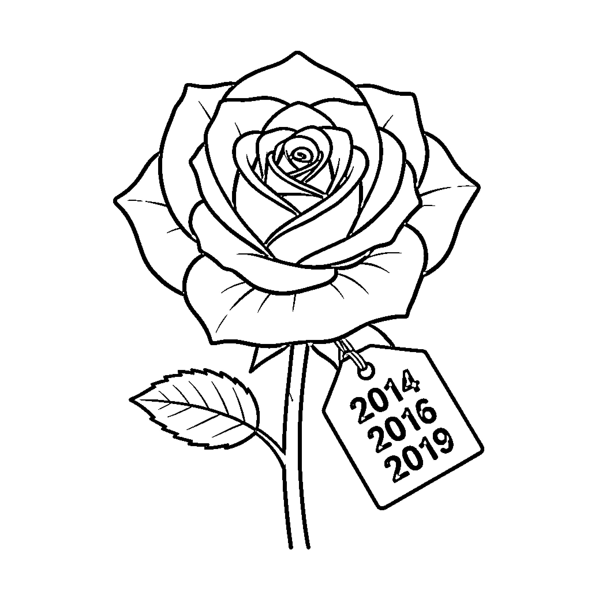 Rose with a hanging tag displaying specific years Coloring Page (free black-and-white line drawing printable PDF for all, from beginners to advanced learners, including children, teens, adults, and seniors)