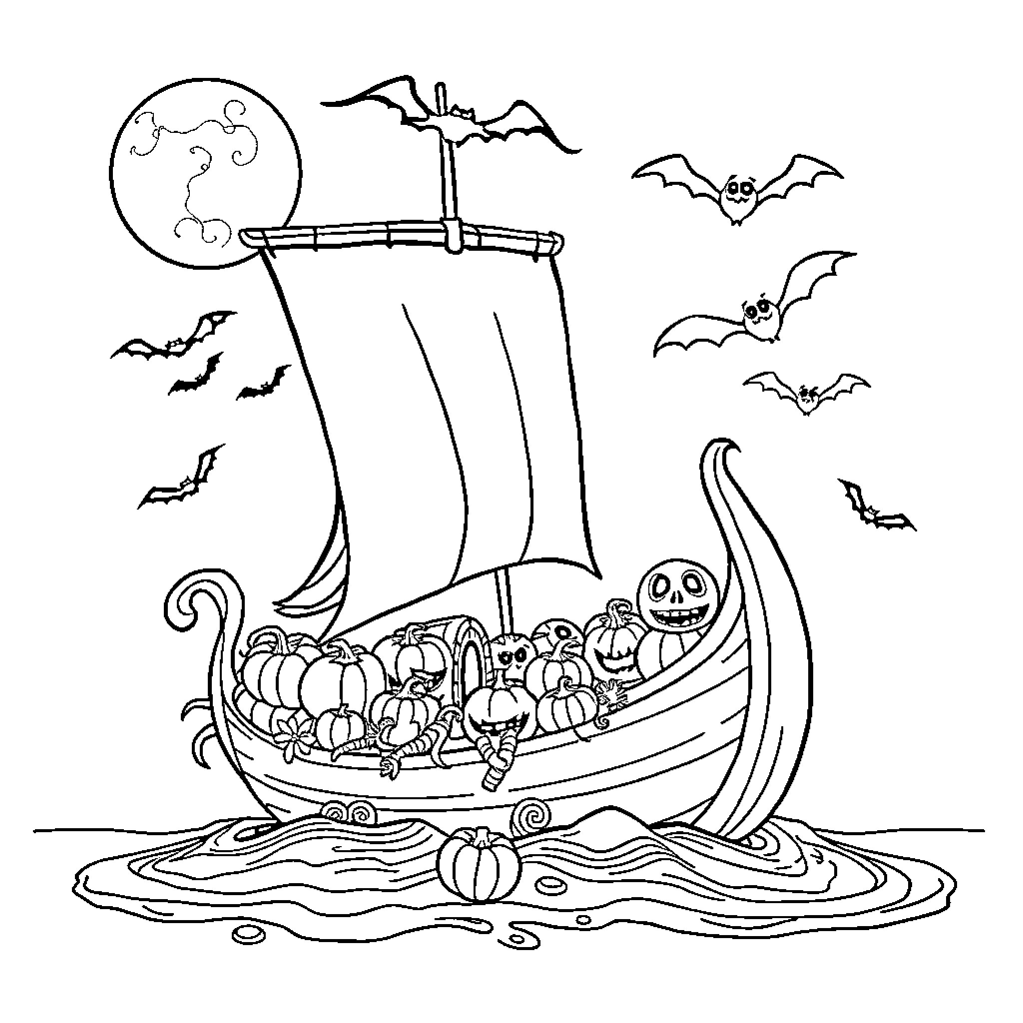 Spaceship full of spooky characters sailing on the sea Coloring Page (free black-and-white line drawing printable PDF for all, from beginners to advanced learners, including children, teens, adults, and seniors)