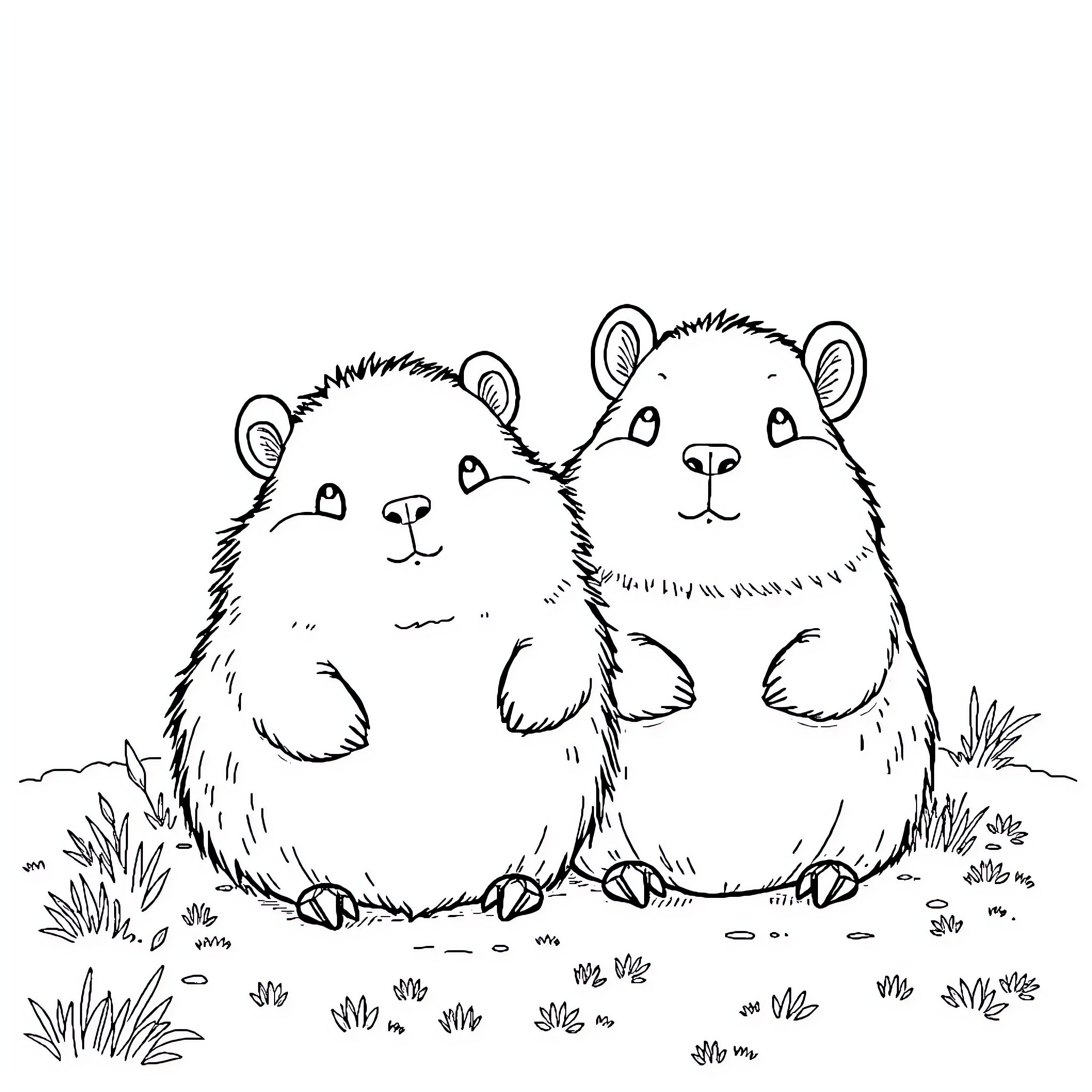 Pompompurin hamsters playing in the grass Coloring Page (free black-and-white line drawing printable PDF for all, from beginners to advanced learners, including children, teens, adults, and seniors)