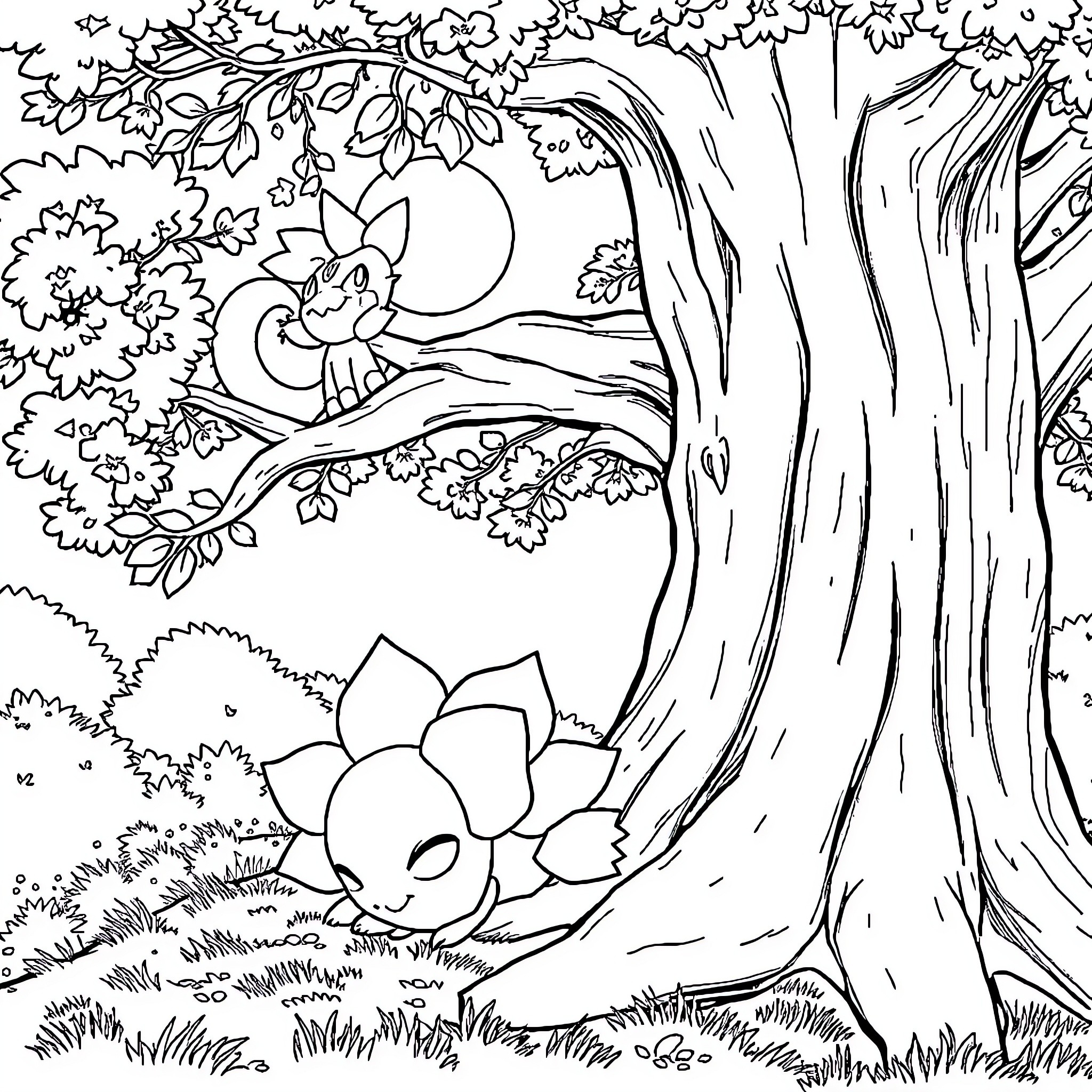 Phyllali's Peaceful Forest Retreat Coloring Page (free black-and-white line drawing printable PDF for all, from beginners to advanced learners, including children, teens, adults, and seniors)
