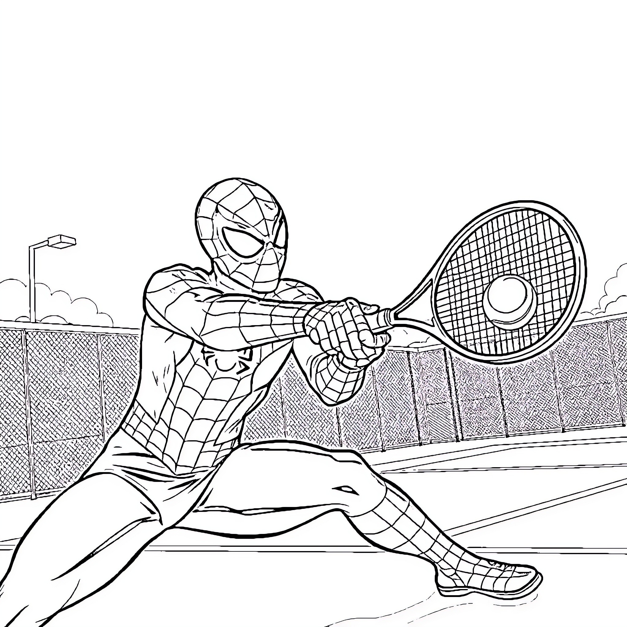 Spiderman playing tennis on the court Coloring Page (free black-and-white line drawing printable PDF for all, from beginners to advanced learners, including children, teens, adults, and seniors)