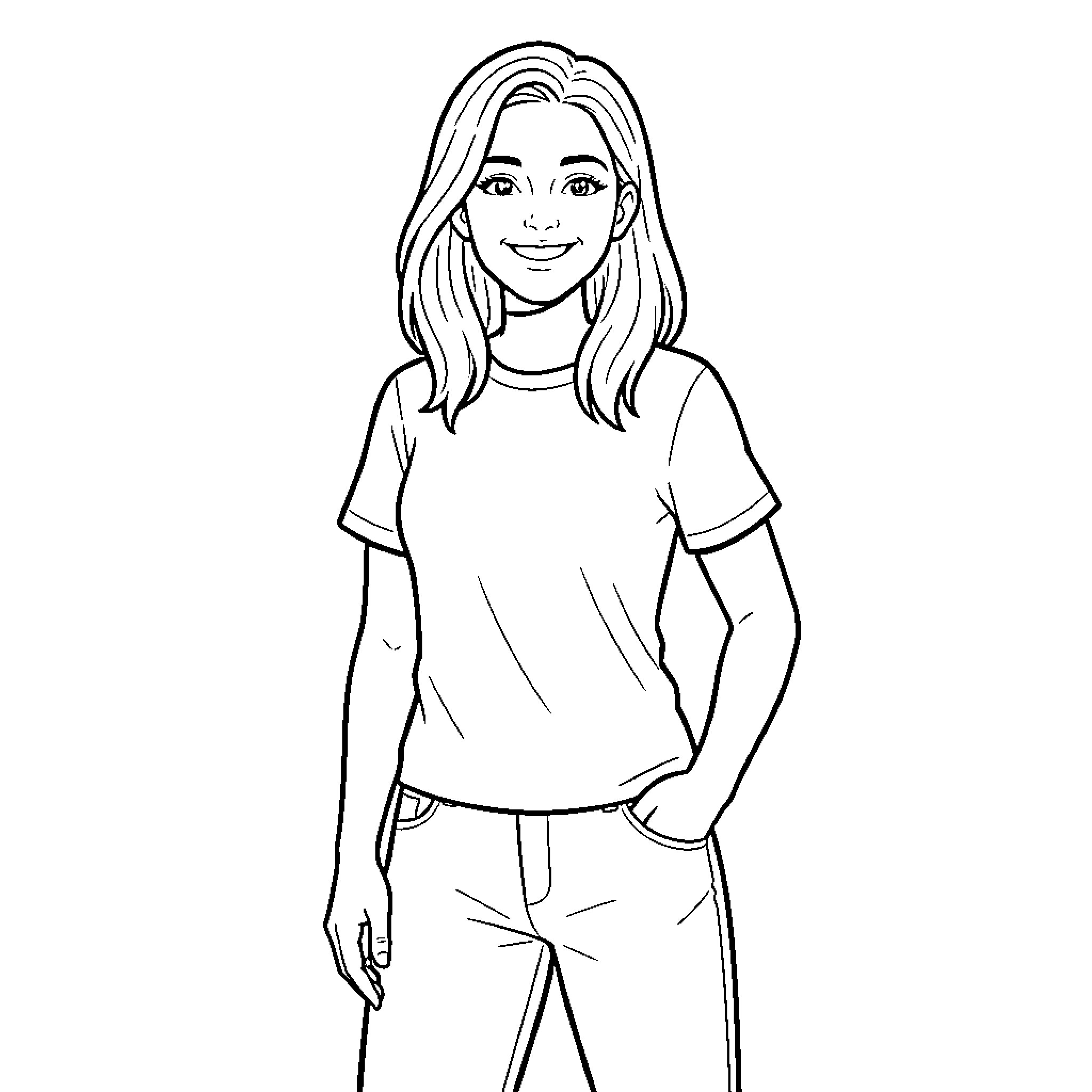 Reese Walsh smiling confidently in a casual t-shirt and jeans Coloring Page (free black-and-white line drawing printable PDF for all, from beginners to advanced learners, including children, teens, adults, and seniors)
