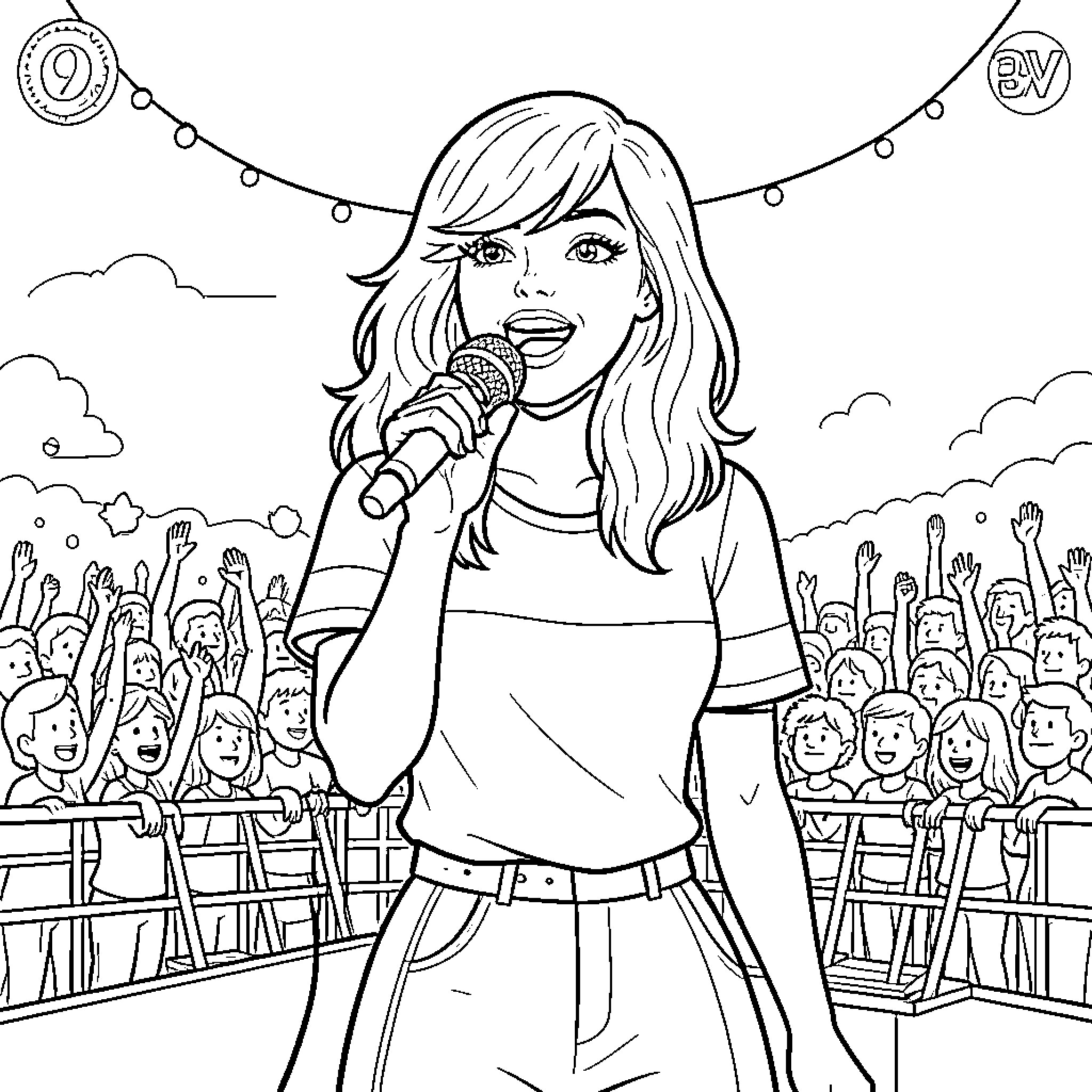 Taylor Swift singing into a microphone for her fans Coloring Page (free black-and-white line drawing printable PDF for all, from beginners to advanced learners, including children, teens, adults, and seniors)