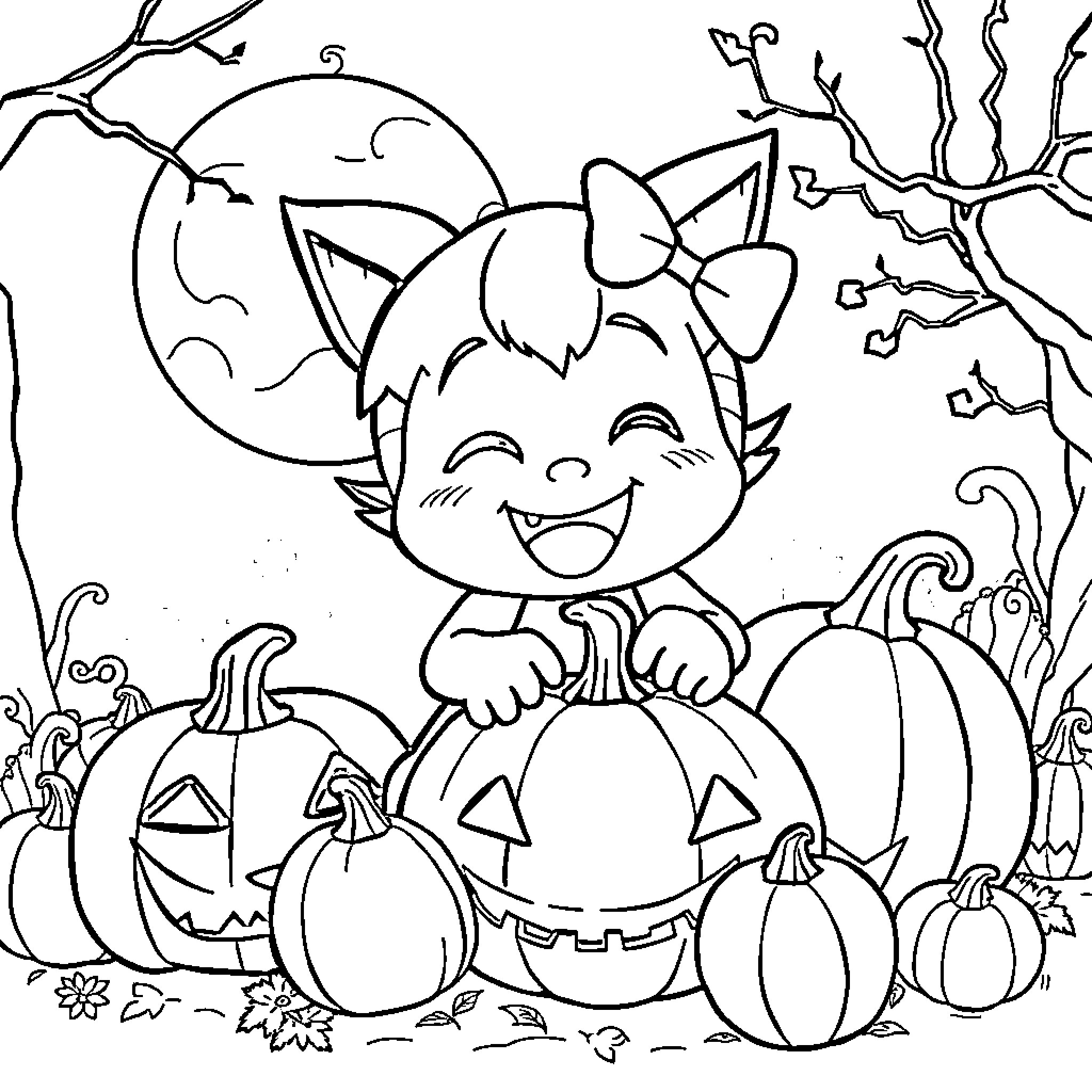 Kuromi's Playful Halloween Adventure Coloring Page (free black-and-white line drawing printable PDF for all, from beginners to advanced learners, including children, teens, adults, and seniors)