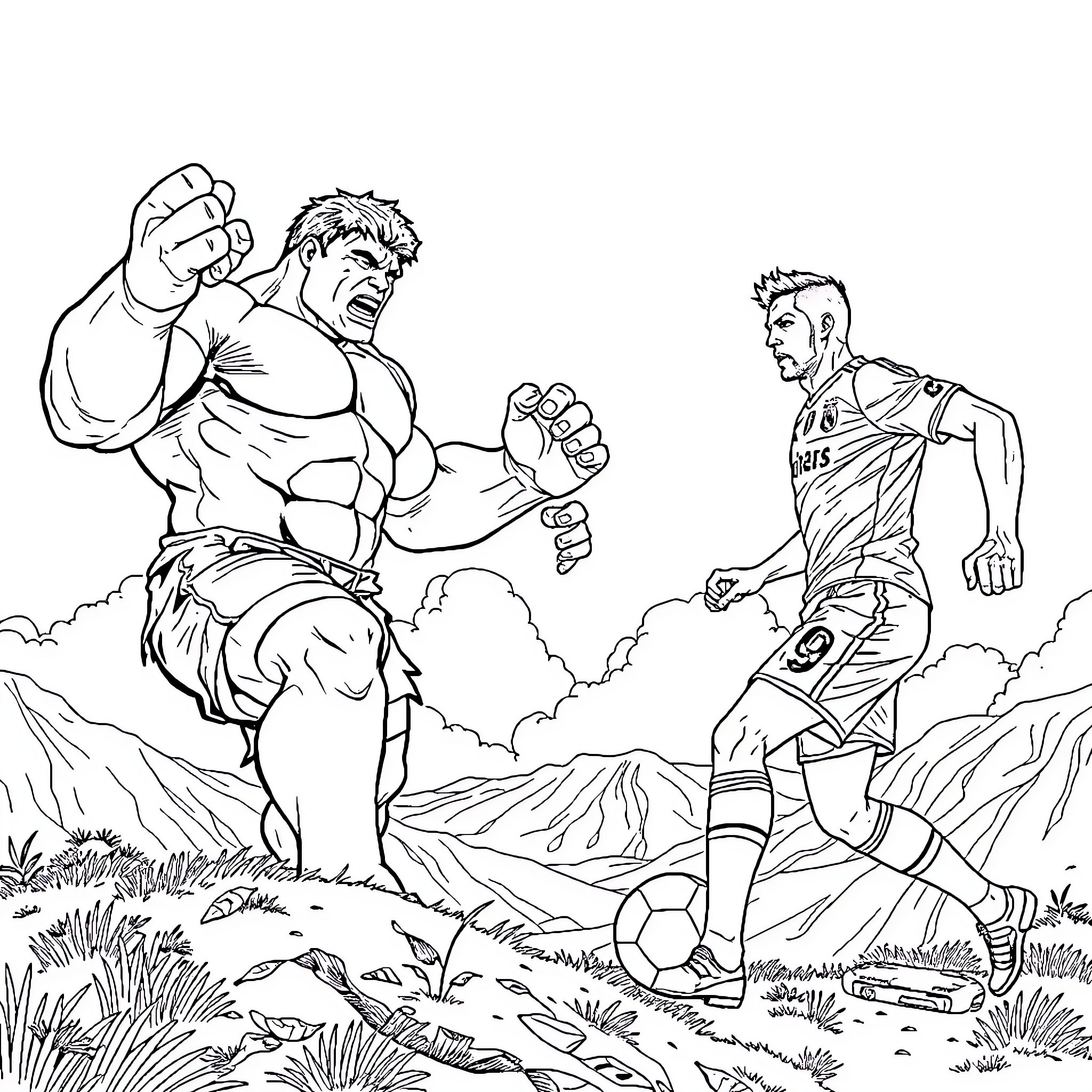 Hulk facing off against a soccer player in the wilderness Coloring Page (free black-and-white line drawing printable PDF for all, from beginners to advanced learners, including children, teens, adults, and seniors)