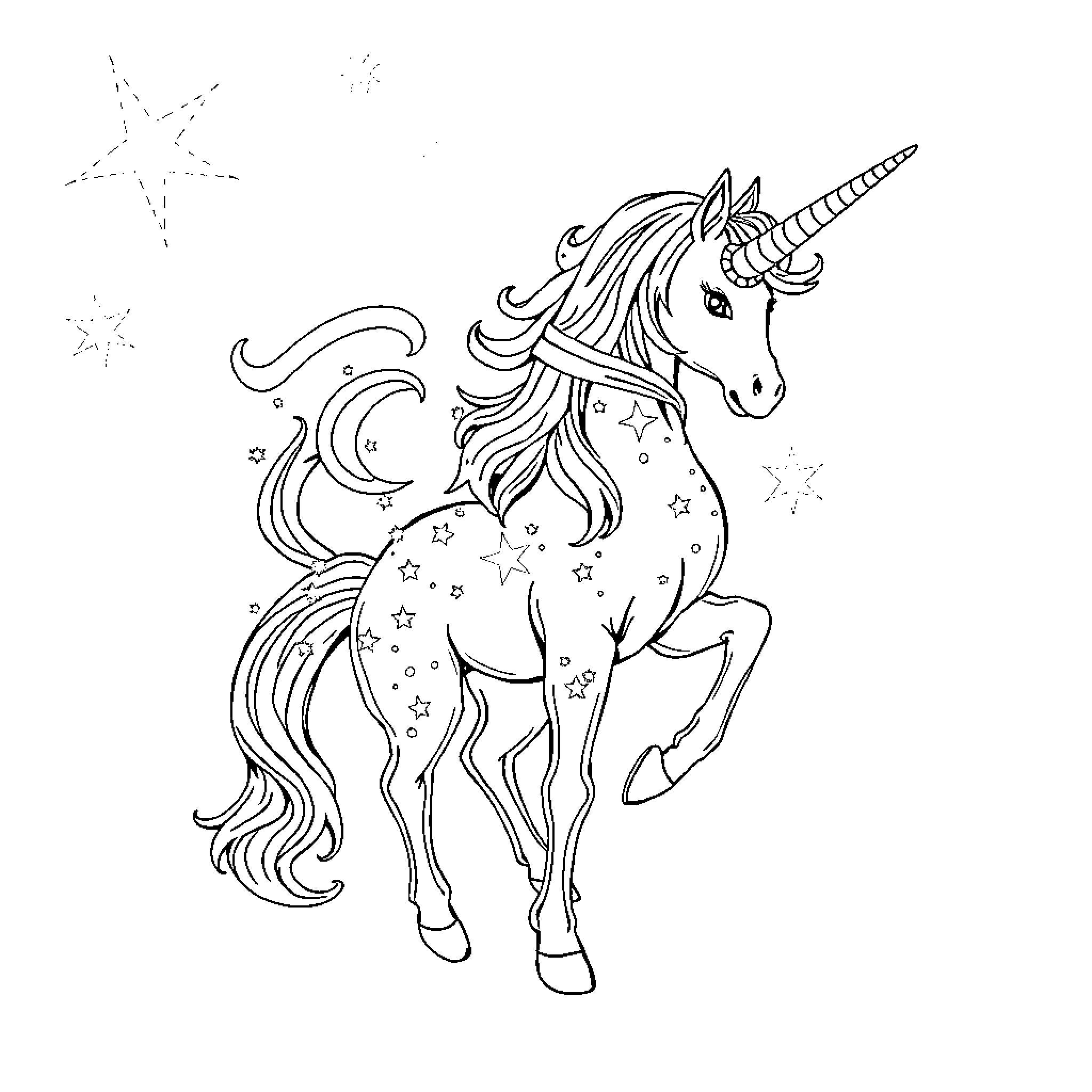 Unicorn galloping through a starry night Coloring Page (free black-and-white line drawing printable PDF for all, from beginners to advanced learners, including children, teens, adults, and seniors)