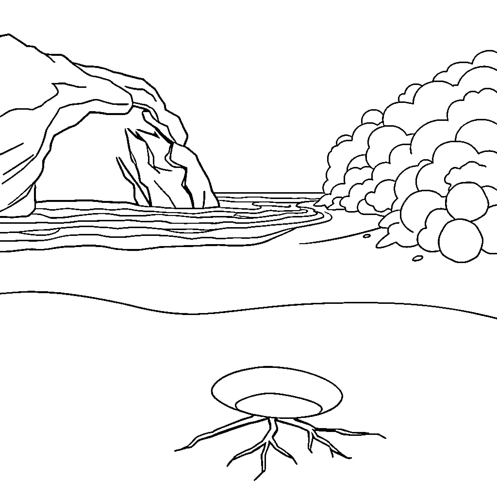 Landscape with rocky cliffs and cloudy sky Coloring Page (free black-and-white line drawing printable PDF for all, from beginners to advanced learners, including children, teens, adults, and seniors)