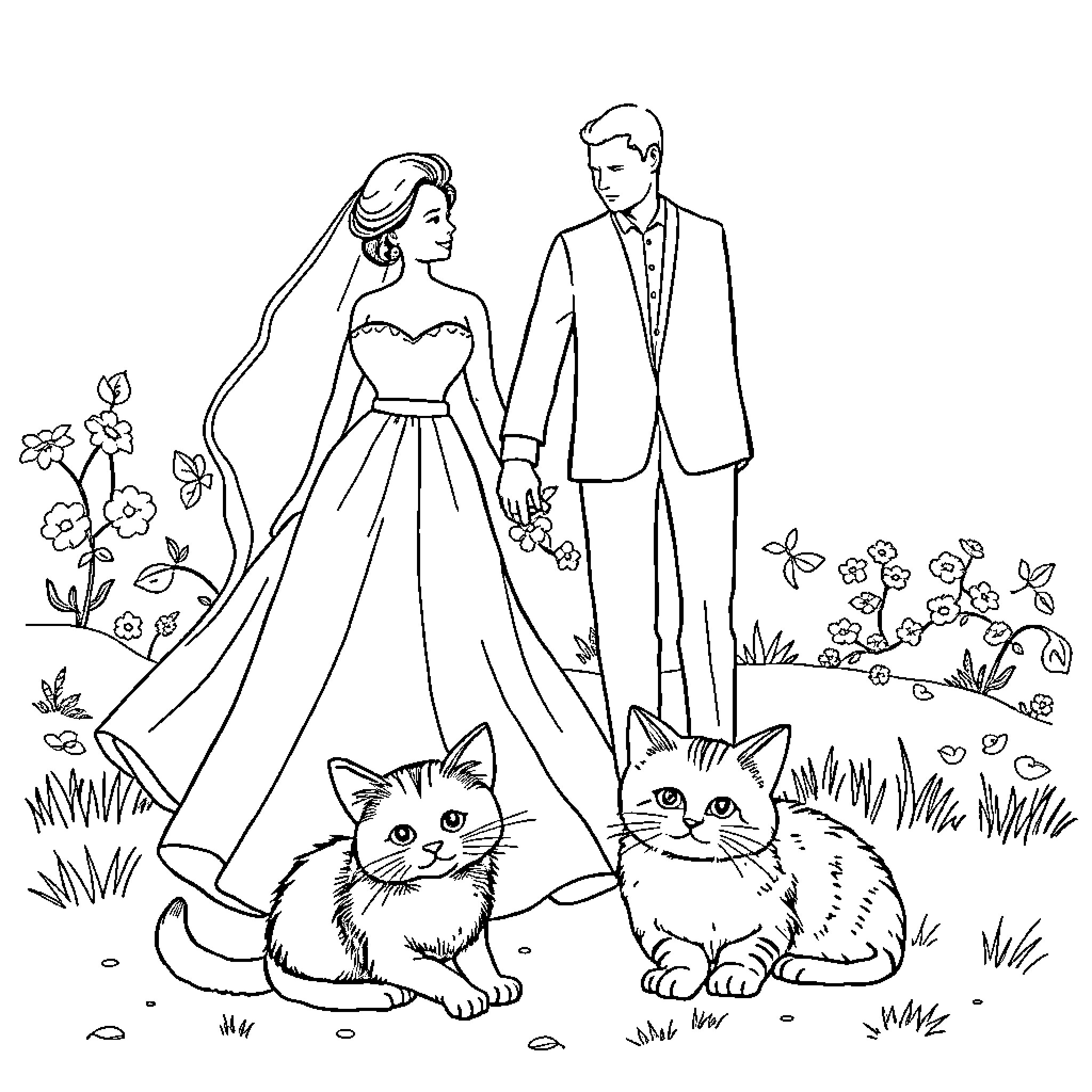 Family Wedding Celebration with Adorable Cats Coloring Page (free black-and-white line drawing printable PDF for all, from beginners to advanced learners, including children, teens, adults, and seniors)