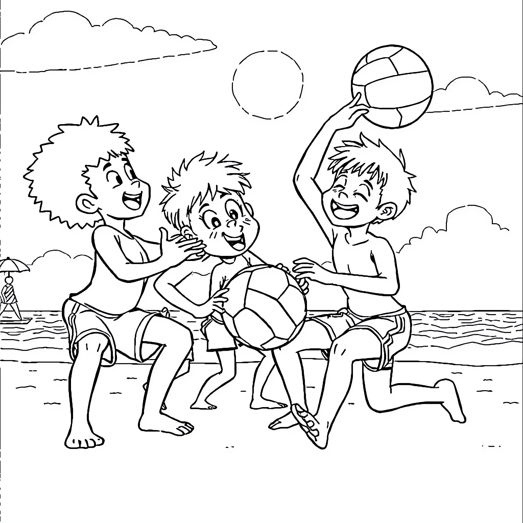 Izuku and friends enjoying a beach day together Coloring Page (free black-and-white line drawing printable PDF for all, from beginners to advanced learners, including children, teens, adults, and seniors)