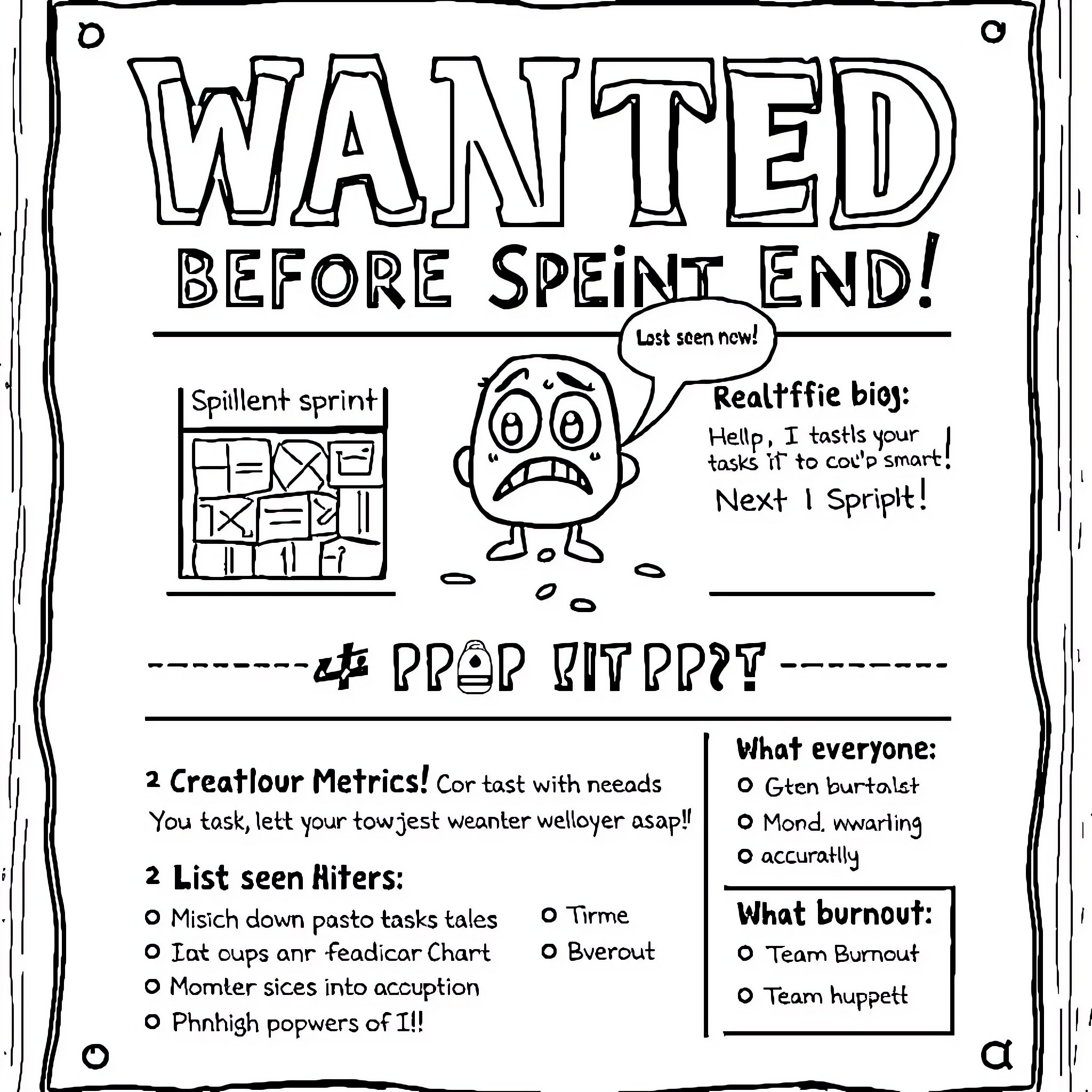 Task for Sprint End: Wanted Before Sprint Coloring Page (free black-and-white line drawing printable PDF for all, from beginners to advanced learners, including children, teens, adults, and seniors)