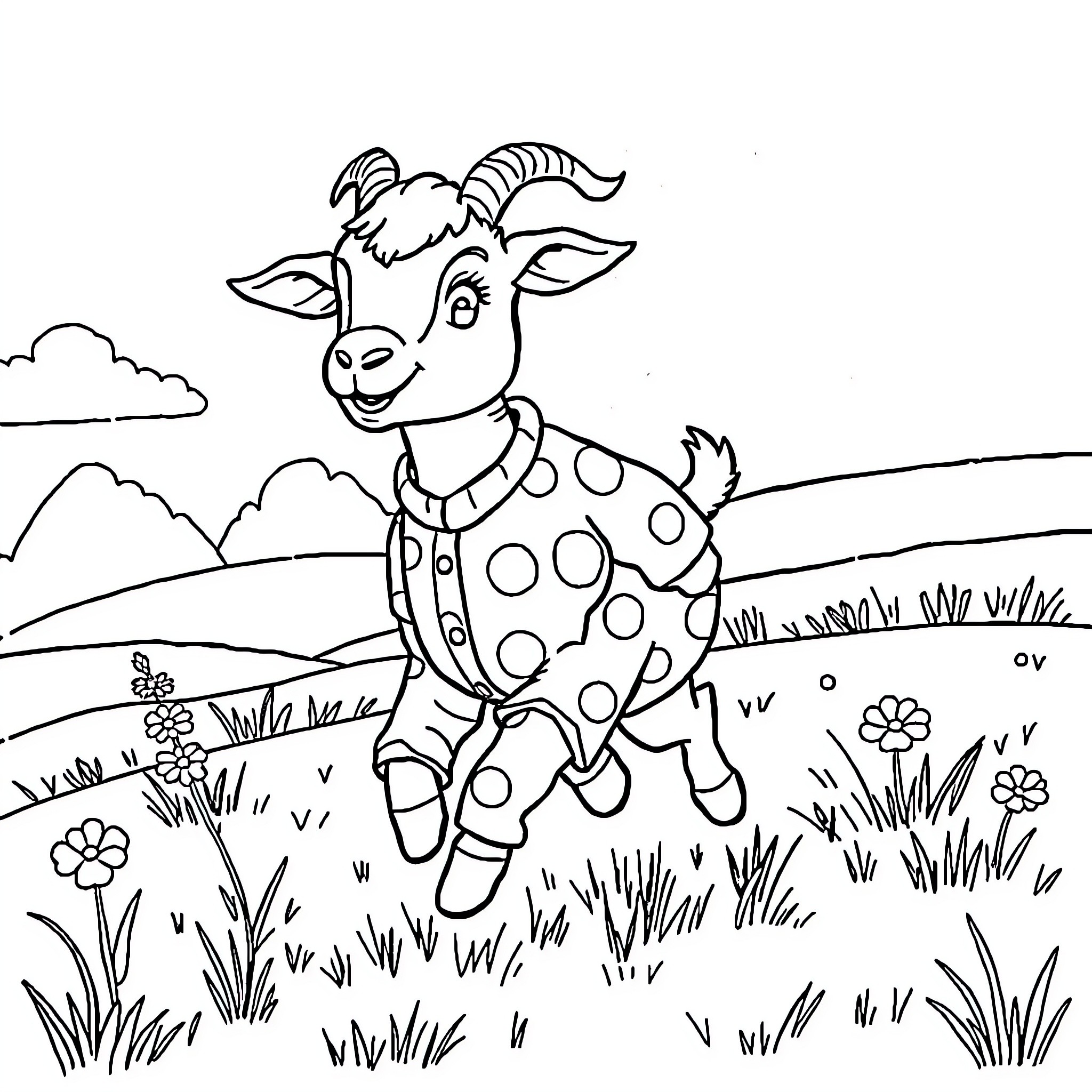 Goat playing happily in the meadow Coloring Page (free black-and-white line drawing printable PDF for all, from beginners to advanced learners, including children, teens, adults, and seniors)