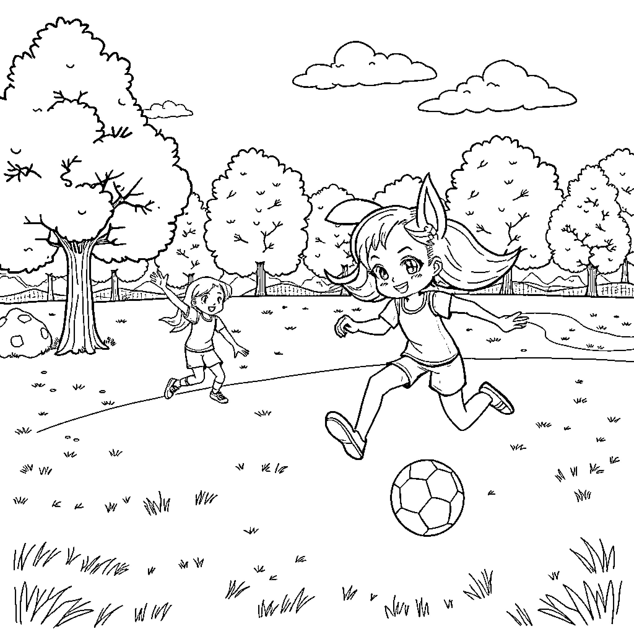 Bluey playing soccer in the park with her friend Coloring Page (free black-and-white line drawing printable PDF for all, from beginners to advanced learners, including children, teens, adults, and seniors)