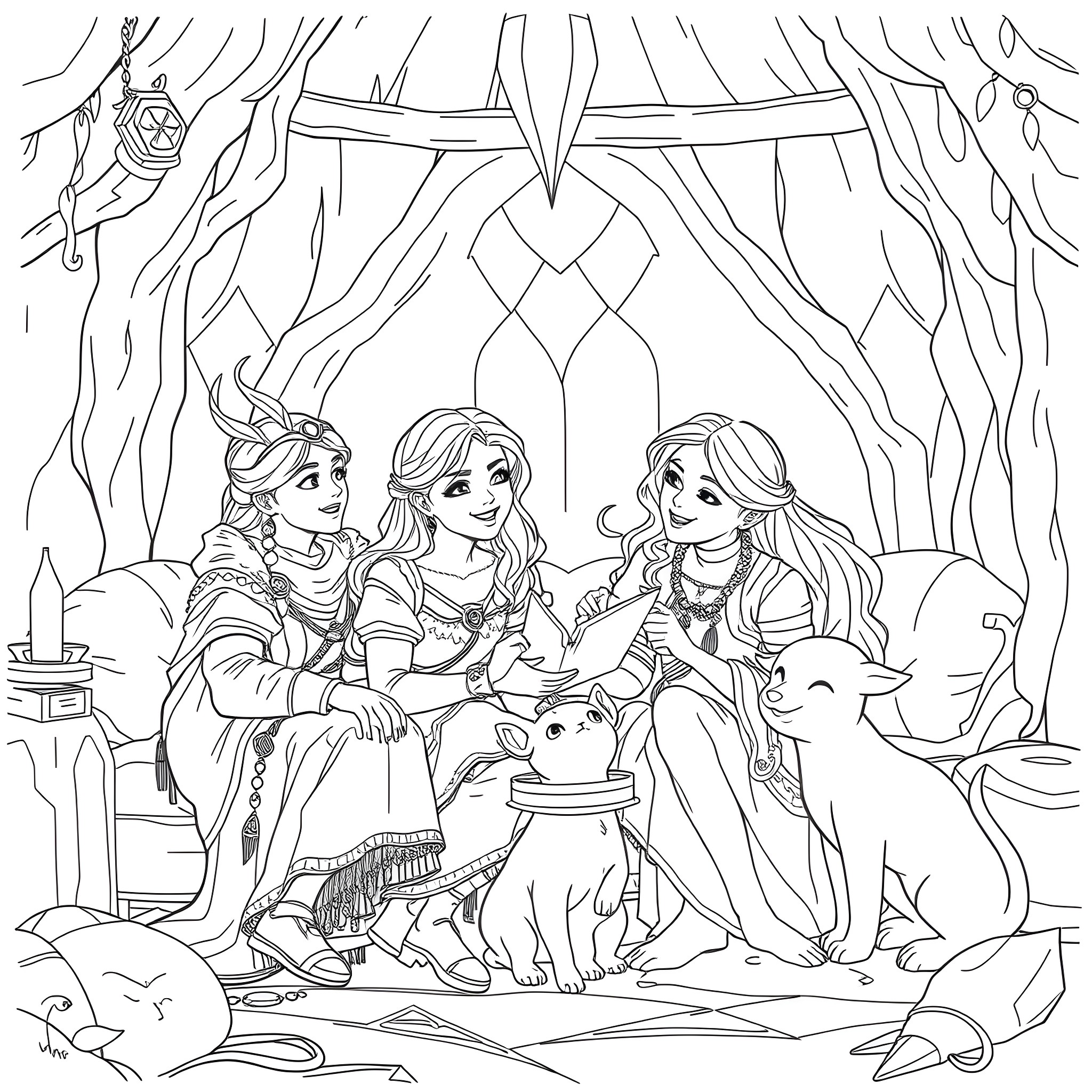 Sophie and her friends enjoy a cozy gathering in the forest Coloring Page (free black-and-white line drawing printable PDF for all, from beginners to advanced learners, including children, teens, adults, and seniors)