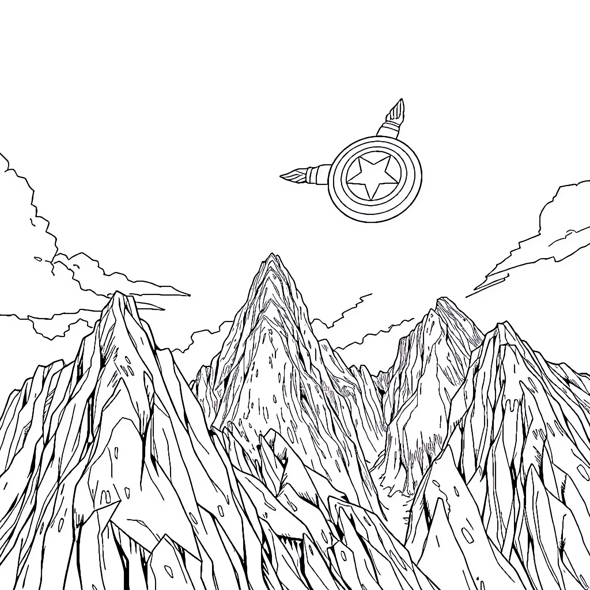 Captain America Shield Soaring over Rugged Mountains Coloring Page (free black-and-white line drawing printable PDF for all, from beginners to advanced learners, including children, teens, adults, and seniors)
