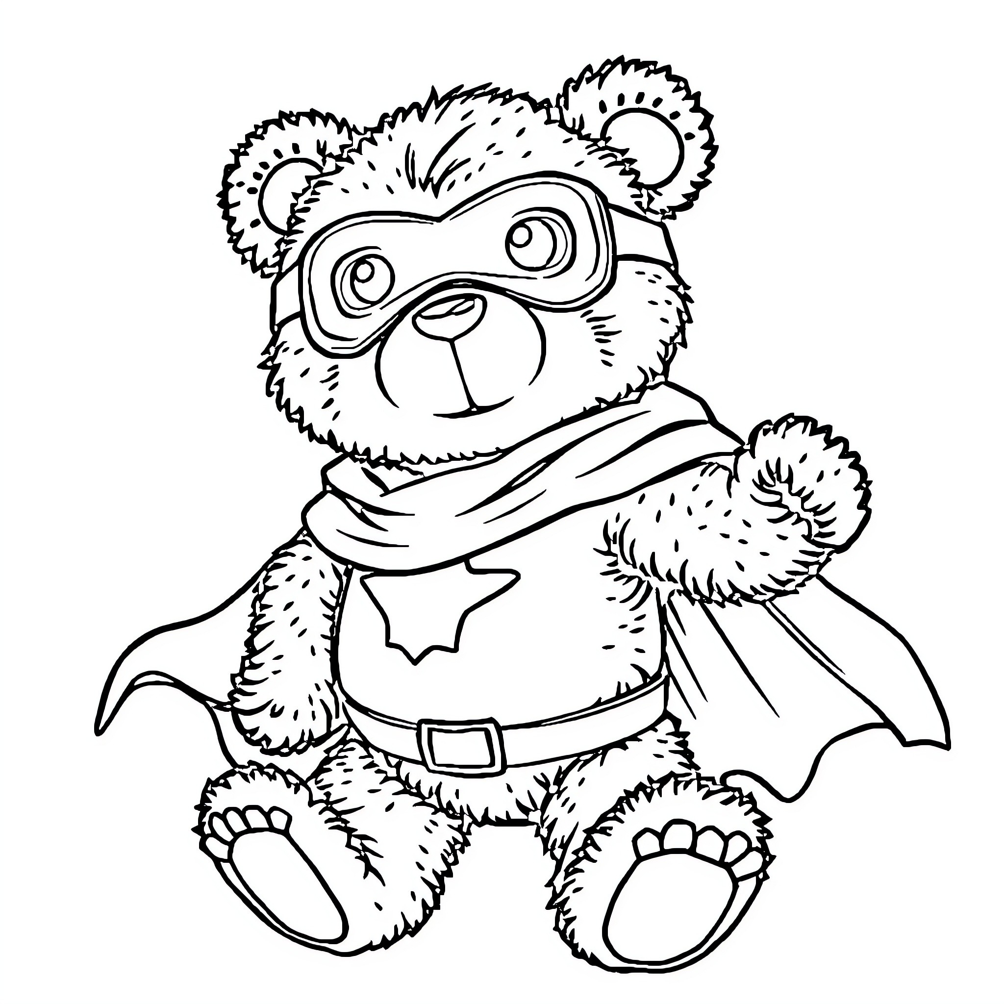 Teddy Bear dressed as a superhero Coloring Page (free black-and-white line drawing printable PDF for all, from beginners to advanced learners, including children, teens, adults, and seniors)