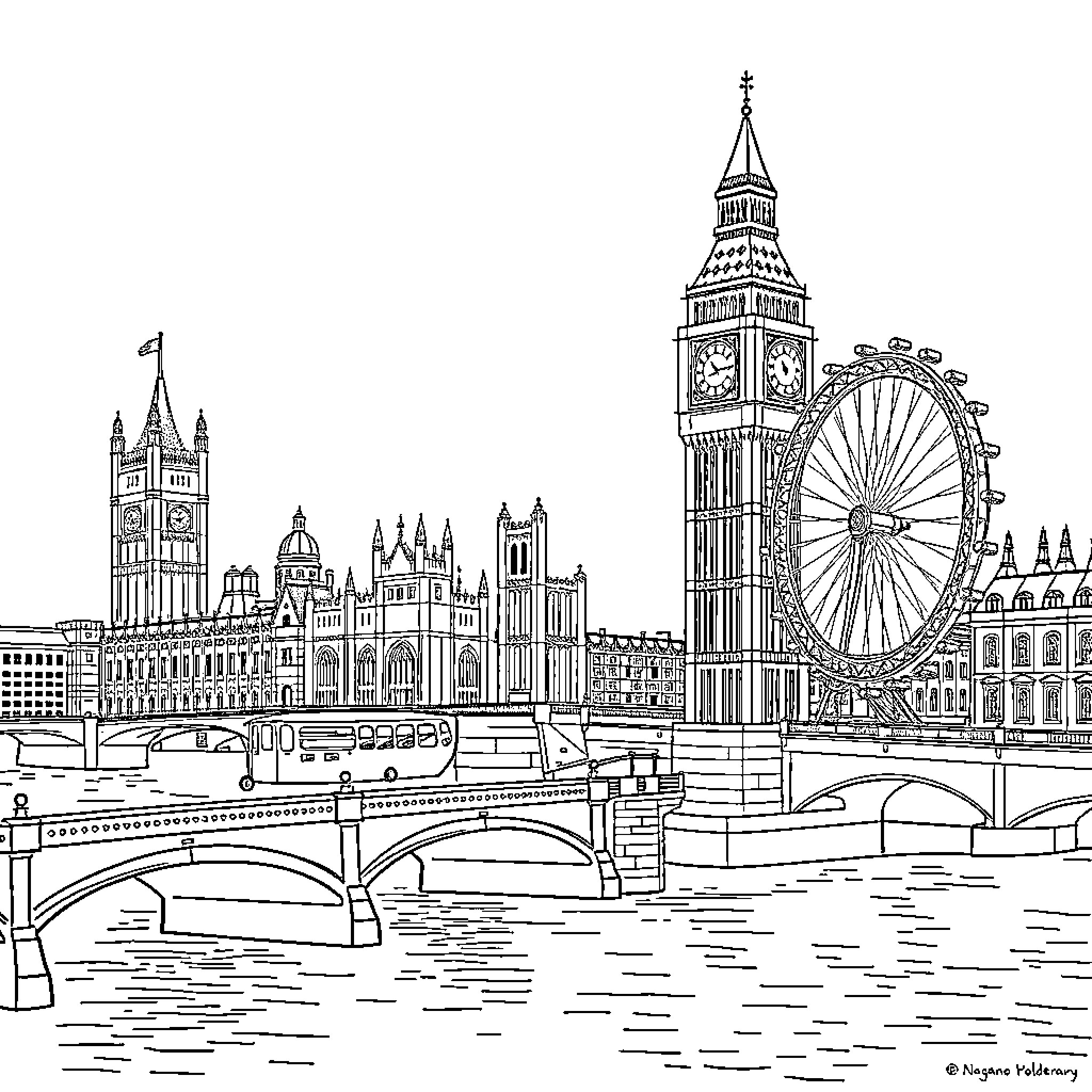 London cityscape with iconic landmarks and architecture Coloring Page (free black-and-white line drawing printable PDF for all, from beginners to advanced learners, including children, teens, adults, and seniors)