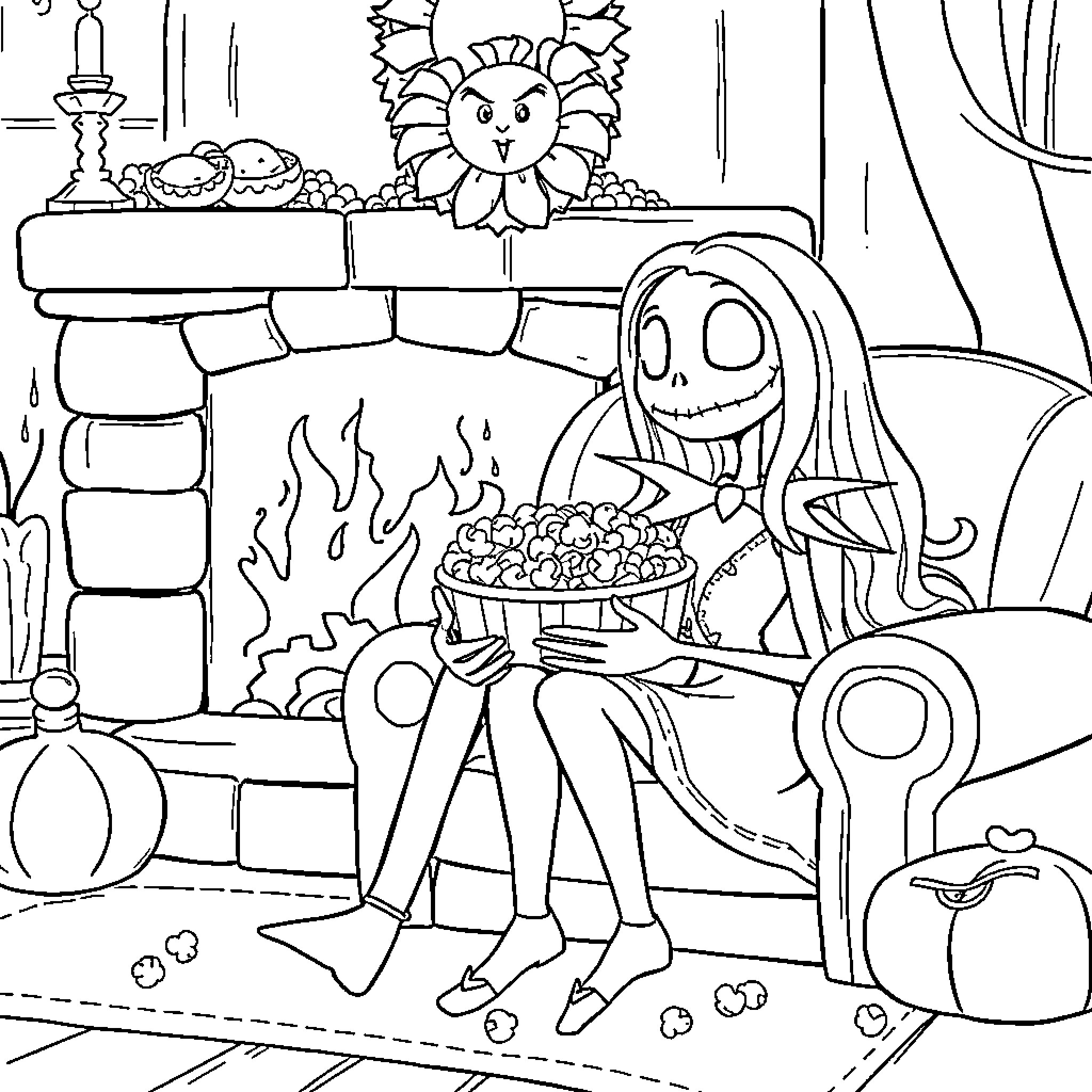 Jack Skellington enjoying treats by the fireplace Coloring Page (free black-and-white line drawing printable PDF for all, from beginners to advanced learners, including children, teens, adults, and seniors)