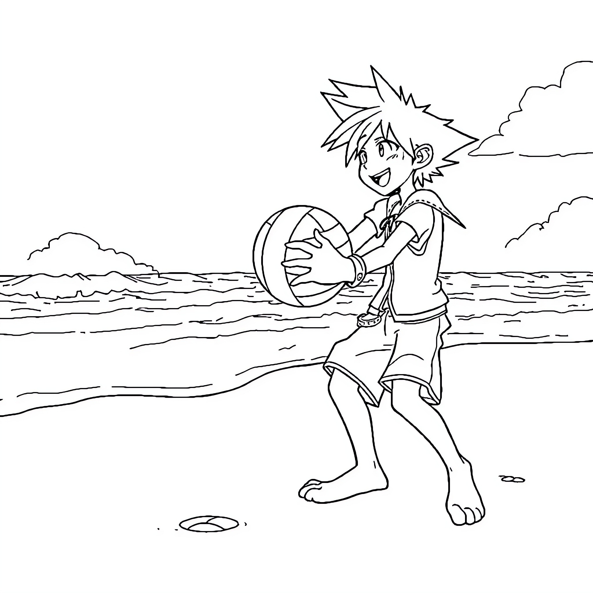 Sora playing joyfully on the beach Coloring Page (free black-and-white line drawing printable PDF for all, from beginners to advanced learners, including children, teens, adults, and seniors)