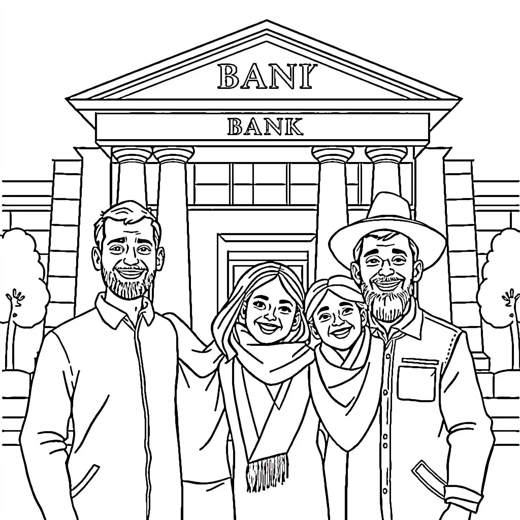 Family standing in front of the Bank Coloring Page (free black-and-white line drawing printable PDF for all, from beginners to advanced learners, including children, teens, adults, and seniors)
