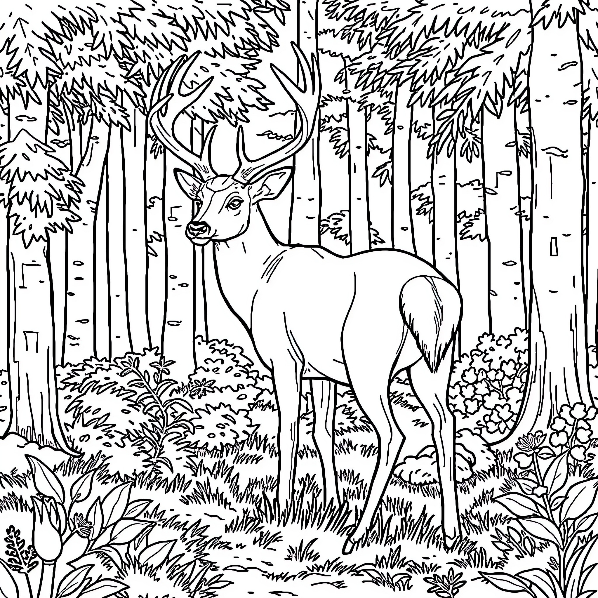 Buck standing alert in the forest Coloring Page (free black-and-white line drawing printable PDF for all, from beginners to advanced learners, including children, teens, adults, and seniors)