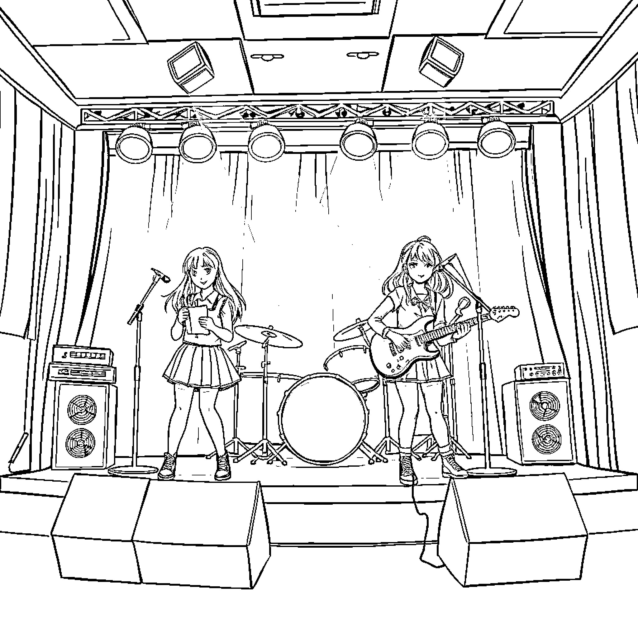 Girl Band Performing on Stage with Musical Instruments Coloring Page (free black-and-white line drawing printable PDF for all, from beginners to advanced learners, including children, teens, adults, and seniors)