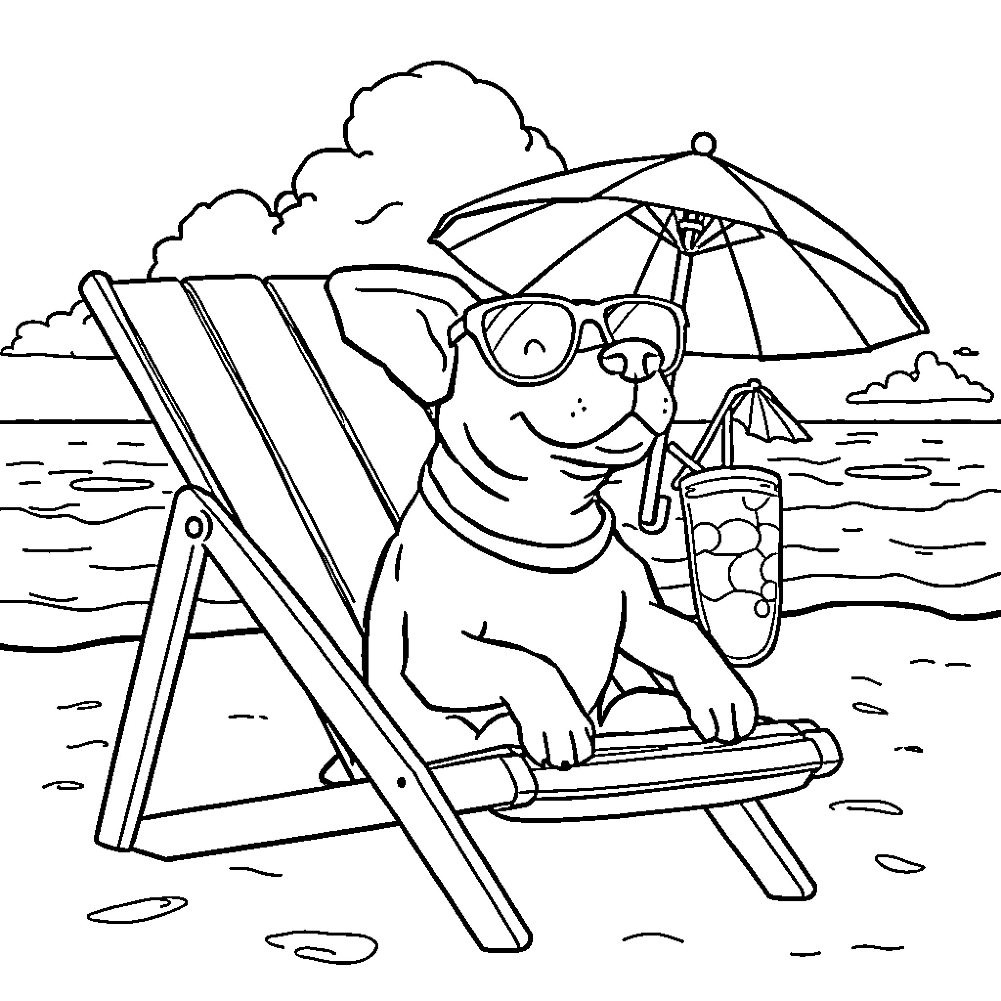 Dog relaxing at the beach under an umbrella Coloring Page (free black-and-white line drawing printable PDF for all, from beginners to advanced learners, including children, teens, adults, and seniors)