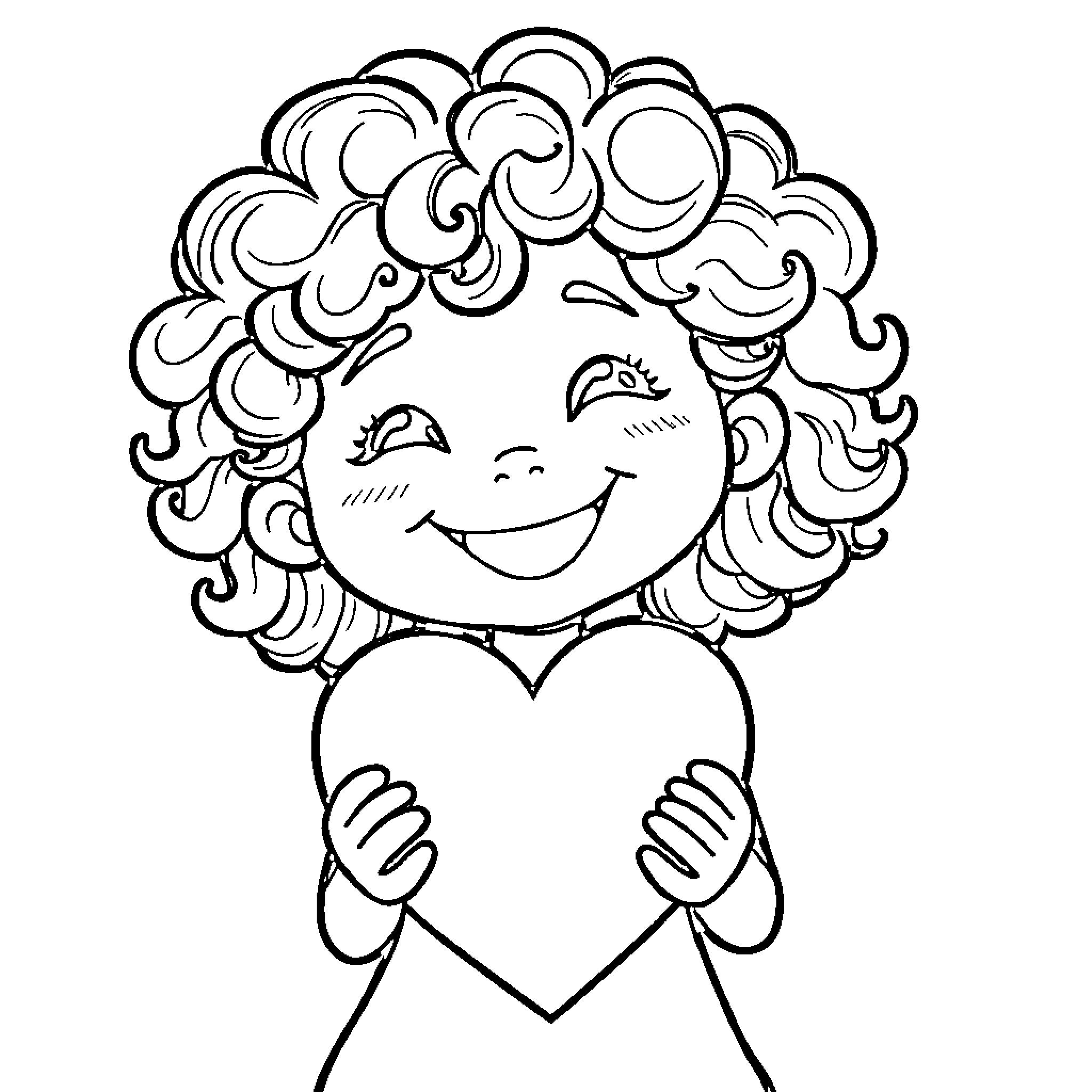 Girl Holding Heart with Curly Hair Coloring Page (free black-and-white line drawing printable PDF for all, from beginners to advanced learners, including children, teens, adults, and seniors)