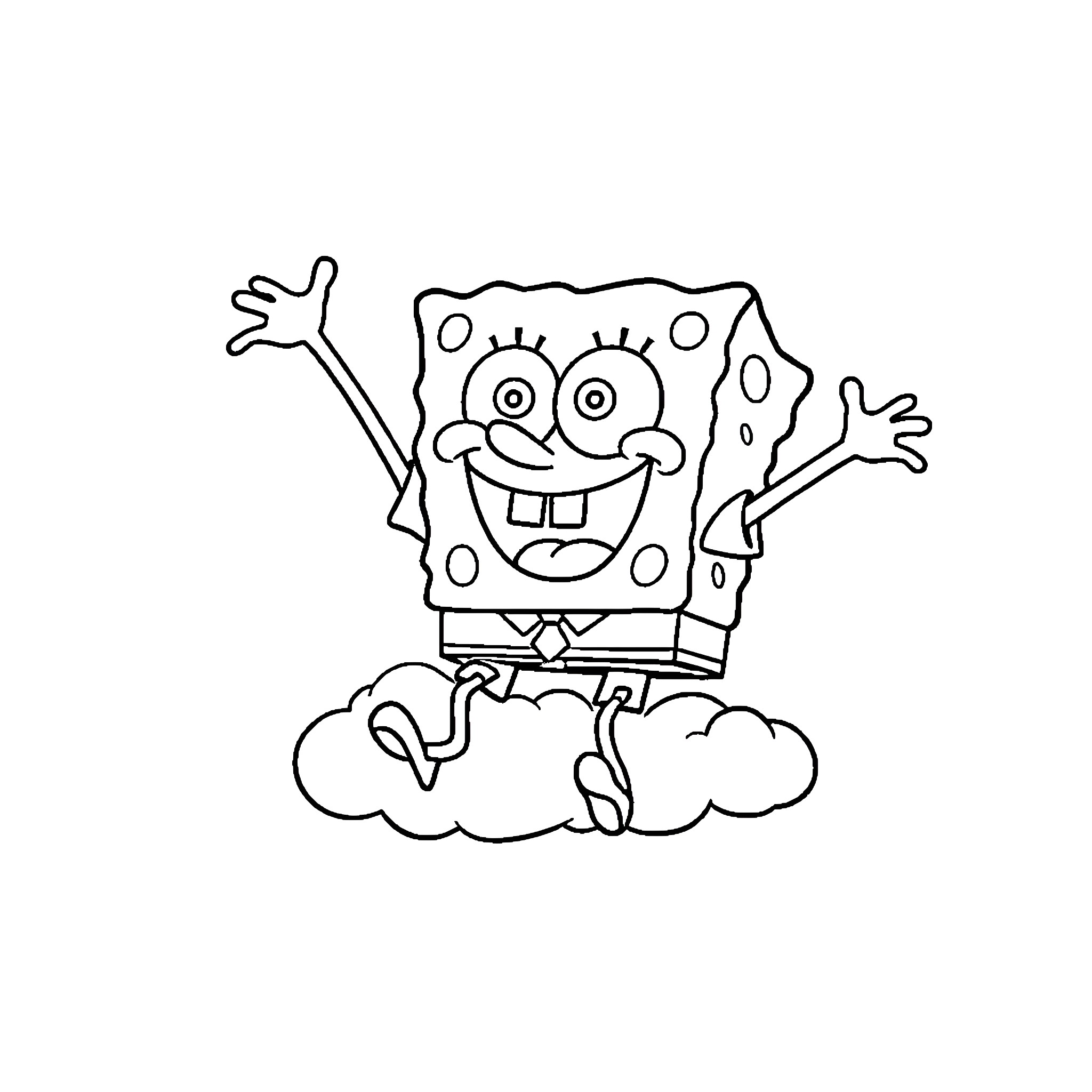 Spongebob jumping excitedly on clouds Coloring Page (free black-and-white line drawing printable PDF for all, from beginners to advanced learners, including children, teens, adults, and seniors)