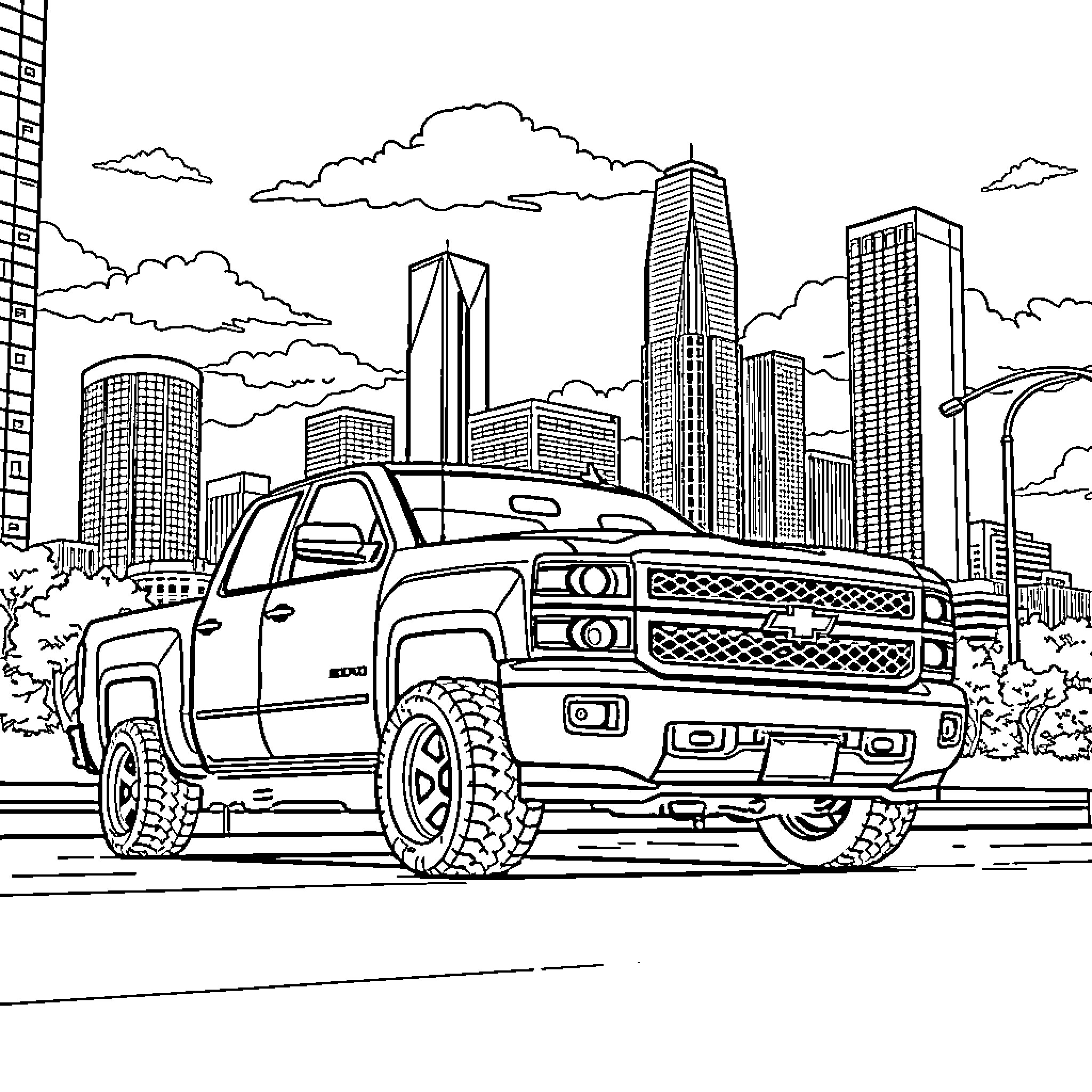 Silverado pickup truck in the city Coloring Page (free black-and-white line drawing printable PDF for all, from beginners to advanced learners, including children, teens, adults, and seniors)