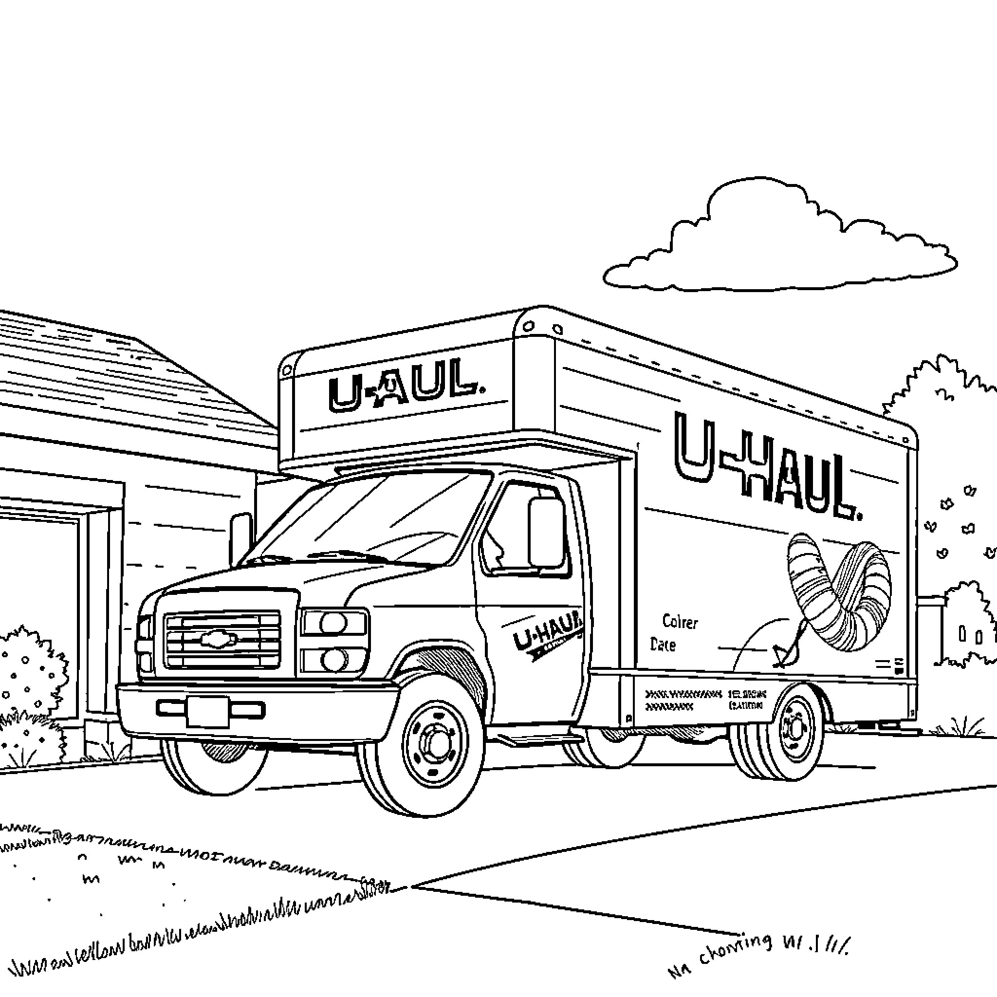 Uhaul Truck parked near building in scenic landscape Coloring Page (free black-and-white line drawing printable PDF for all, from beginners to advanced learners, including children, teens, adults, and seniors)