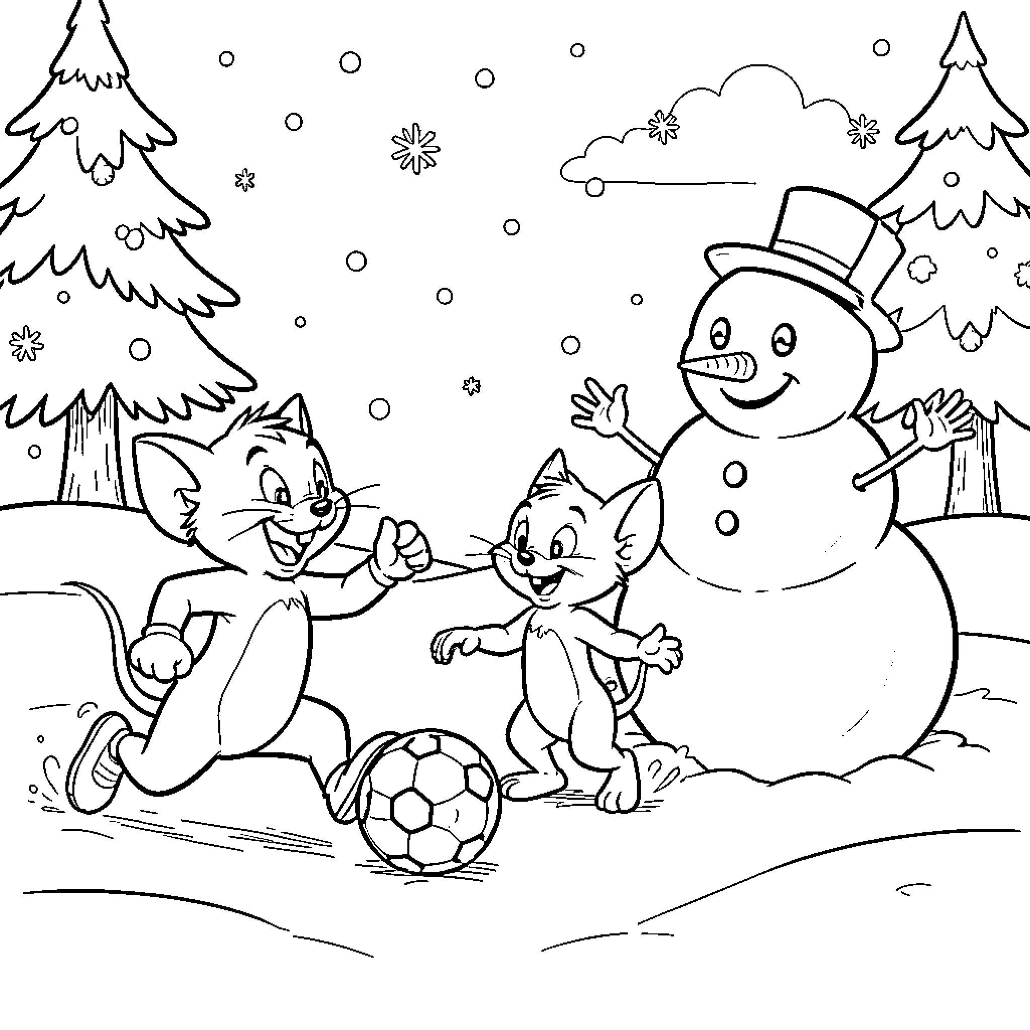Tom and Jerry playing soccer near a snowman Coloring Page (free black-and-white line drawing printable PDF for all, from beginners to advanced learners, including children, teens, adults, and seniors)