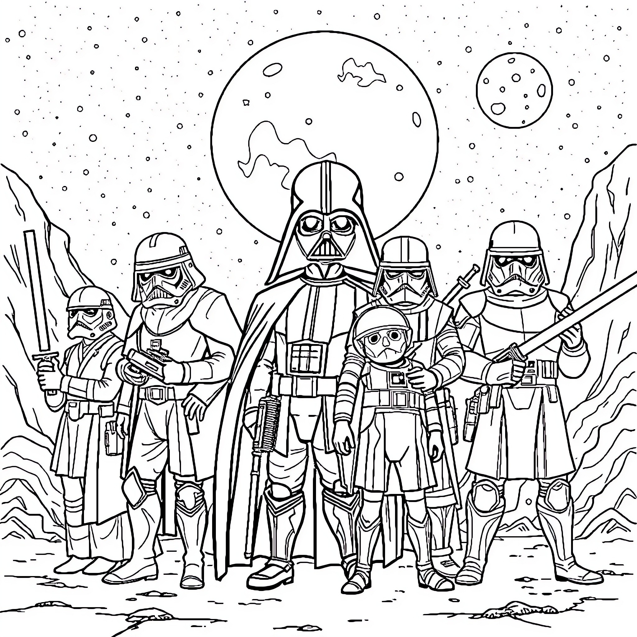 Star Wars Characters in Space Exploration Coloring Page (free black-and-white line drawing printable PDF for all, from beginners to advanced learners, including children, teens, adults, and seniors)