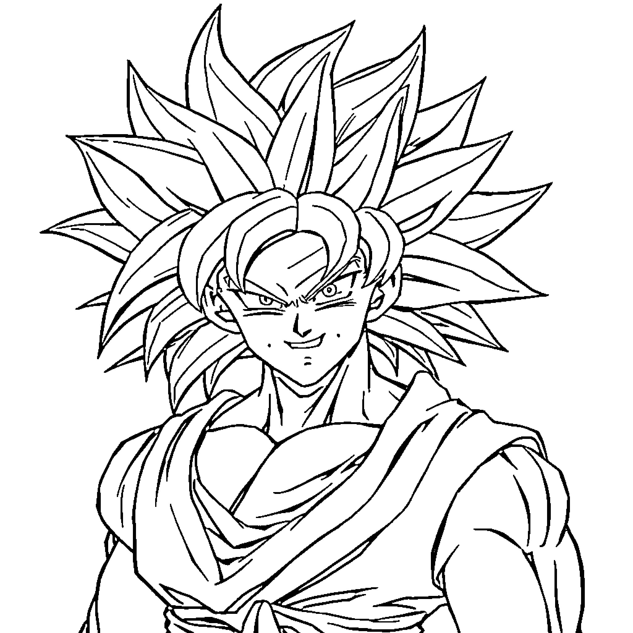 Goku's intense battle stance and powerful hairstyle Coloring Page (free black-and-white line drawing printable PDF for all, from beginners to advanced learners, including children, teens, adults, and seniors)