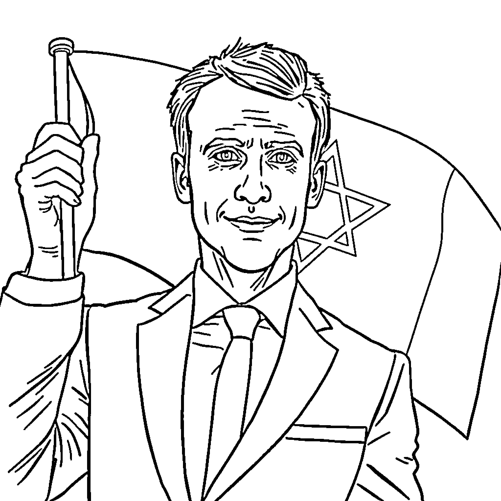 Emmanuel Macron holding the French flag Coloring Page (free black-and-white line drawing printable PDF for all, from beginners to advanced learners, including children, teens, adults, and seniors)