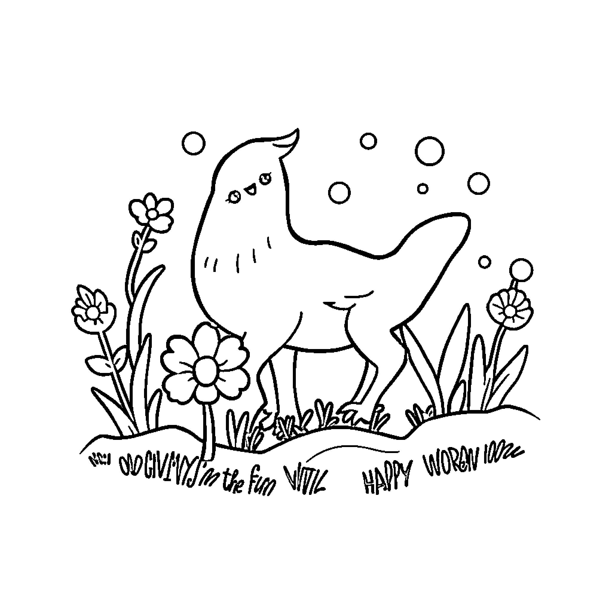 Book of a happy bird in a flowery field Coloring Page (free black-and-white line drawing printable PDF for all, from beginners to advanced learners, including children, teens, adults, and seniors)