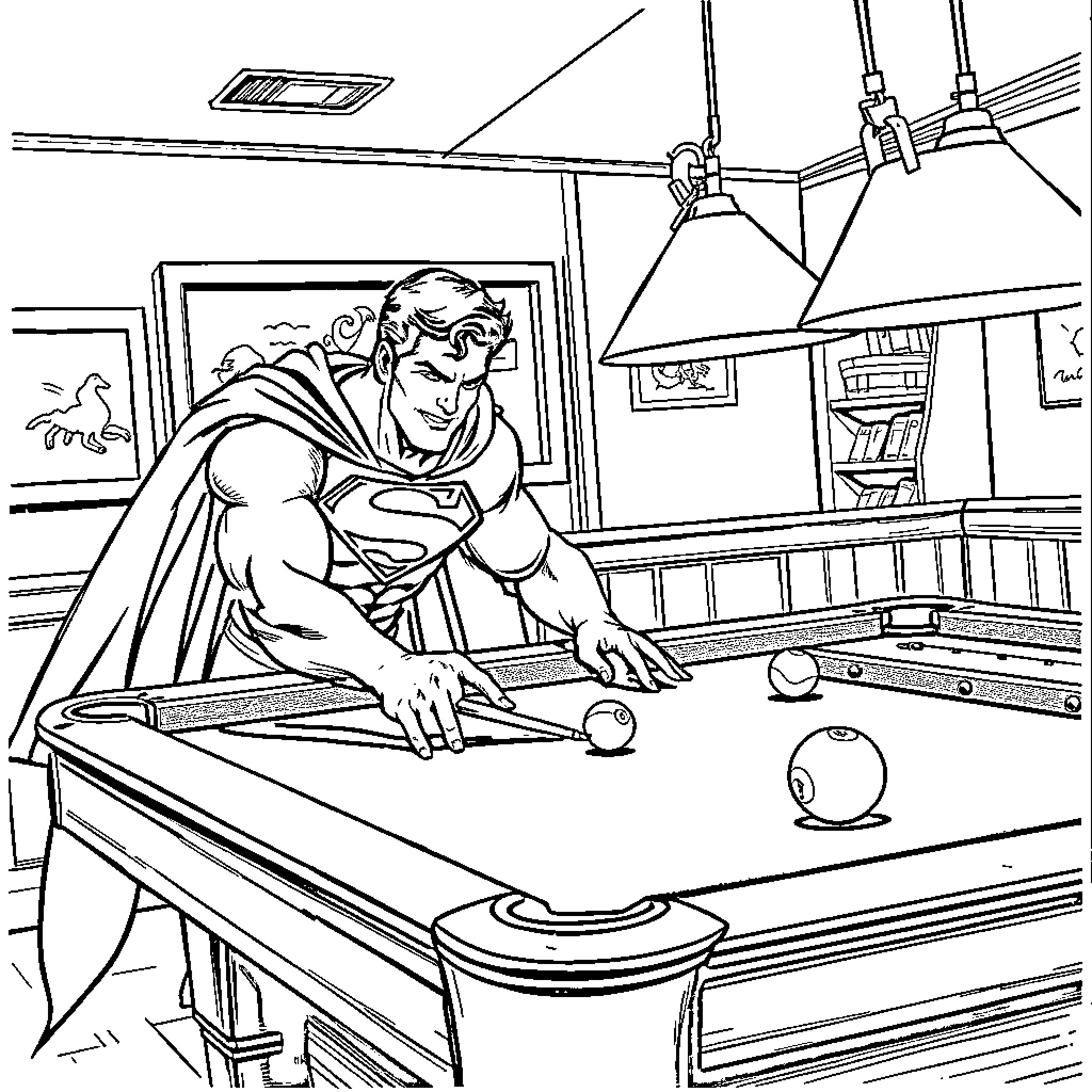 Superman playing pool in his home Coloring Page (free black-and-white line drawing printable PDF for all, from beginners to advanced learners, including children, teens, adults, and seniors)