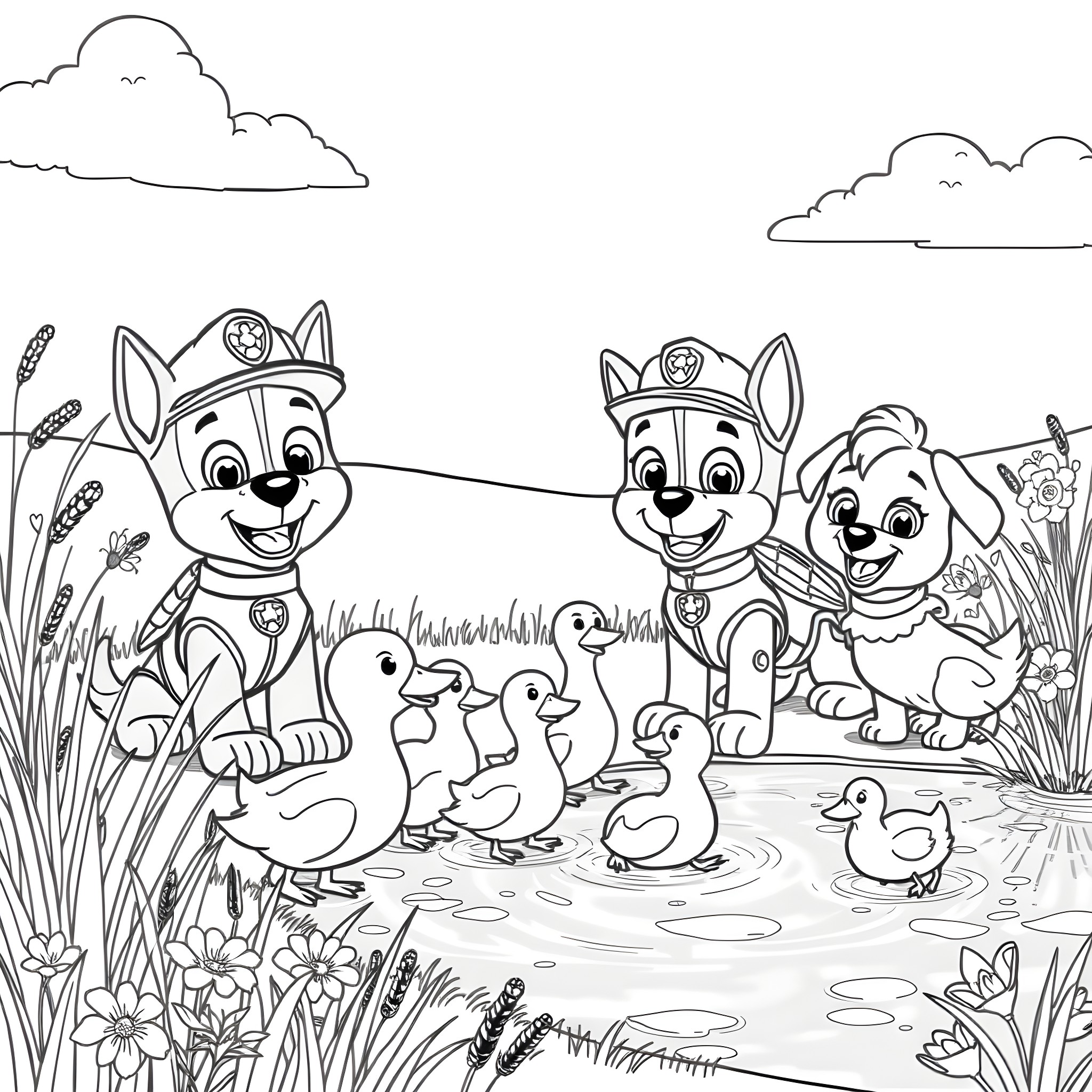 Paw Patrol characters exploring the outdoors Coloring Page (free black-and-white line drawing printable PDF for all, from beginners to advanced learners, including children, teens, adults, and seniors)