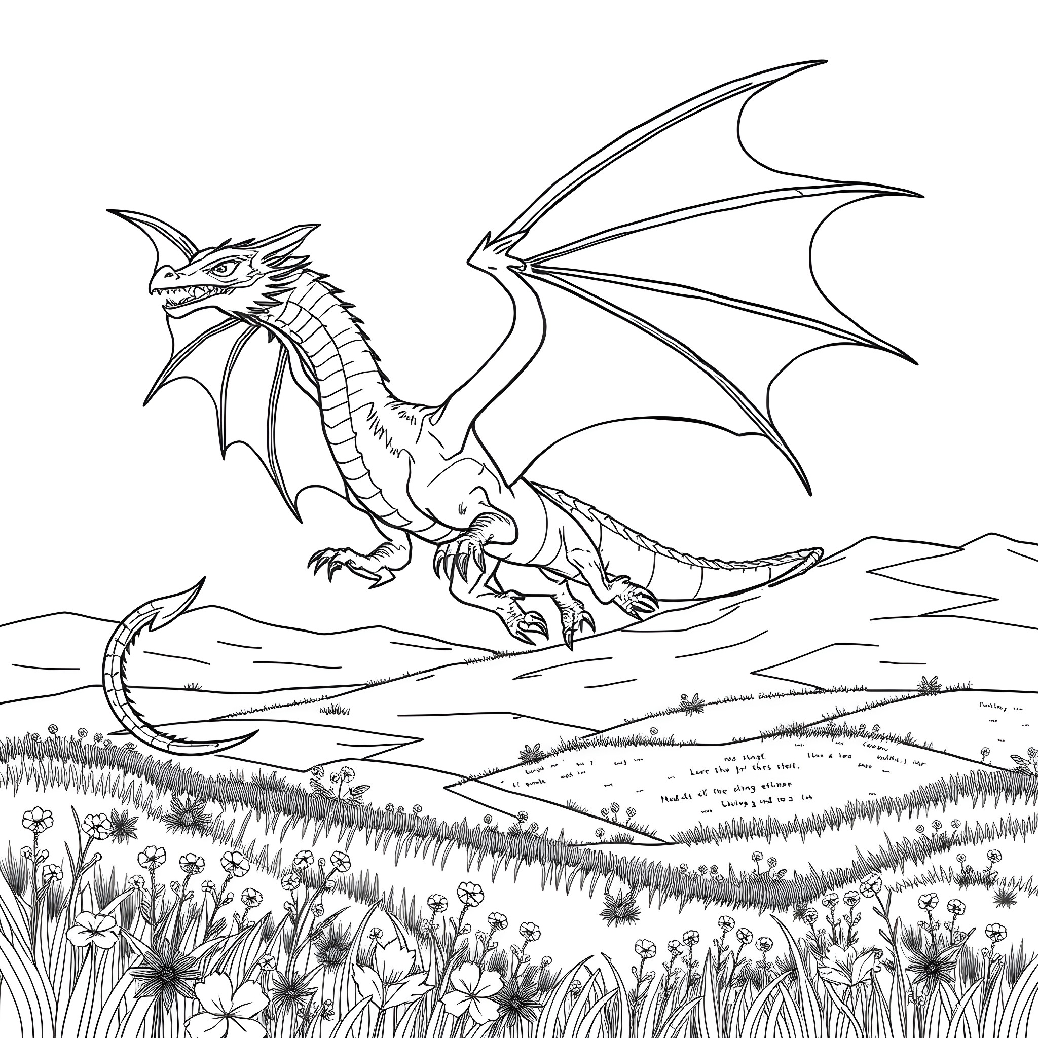 Dragon soaring over a lush meadow landscape Coloring Page (free black-and-white line drawing printable PDF for all, from beginners to advanced learners, including children, teens, adults, and seniors)