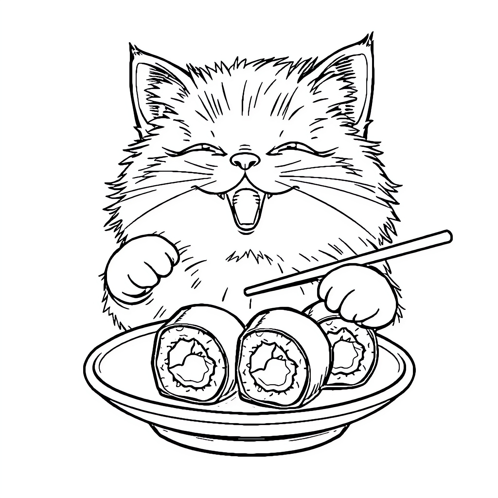 Cat eating sushi happily Coloring Page (free black-and-white line drawing printable PDF for all, from beginners to advanced learners, including children, teens, adults, and seniors)