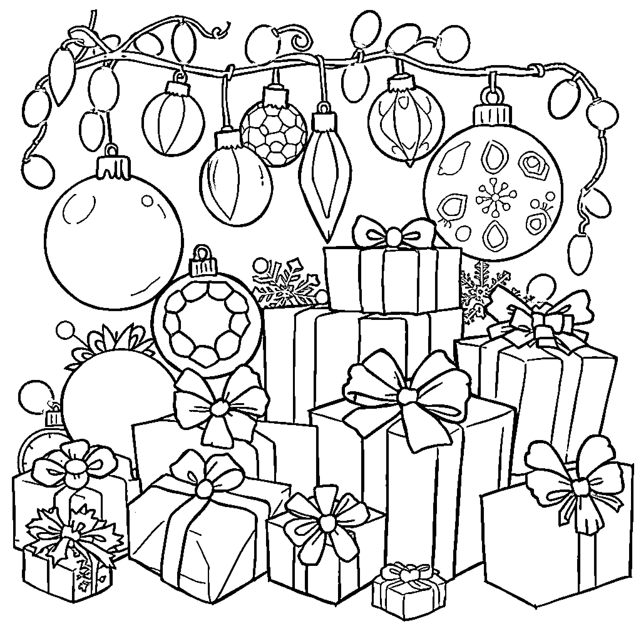 Christmas Item Ornaments and Gifts Coloring Page (free black-and-white line drawing printable PDF for all, from beginners to advanced learners, including children, teens, adults, and seniors)