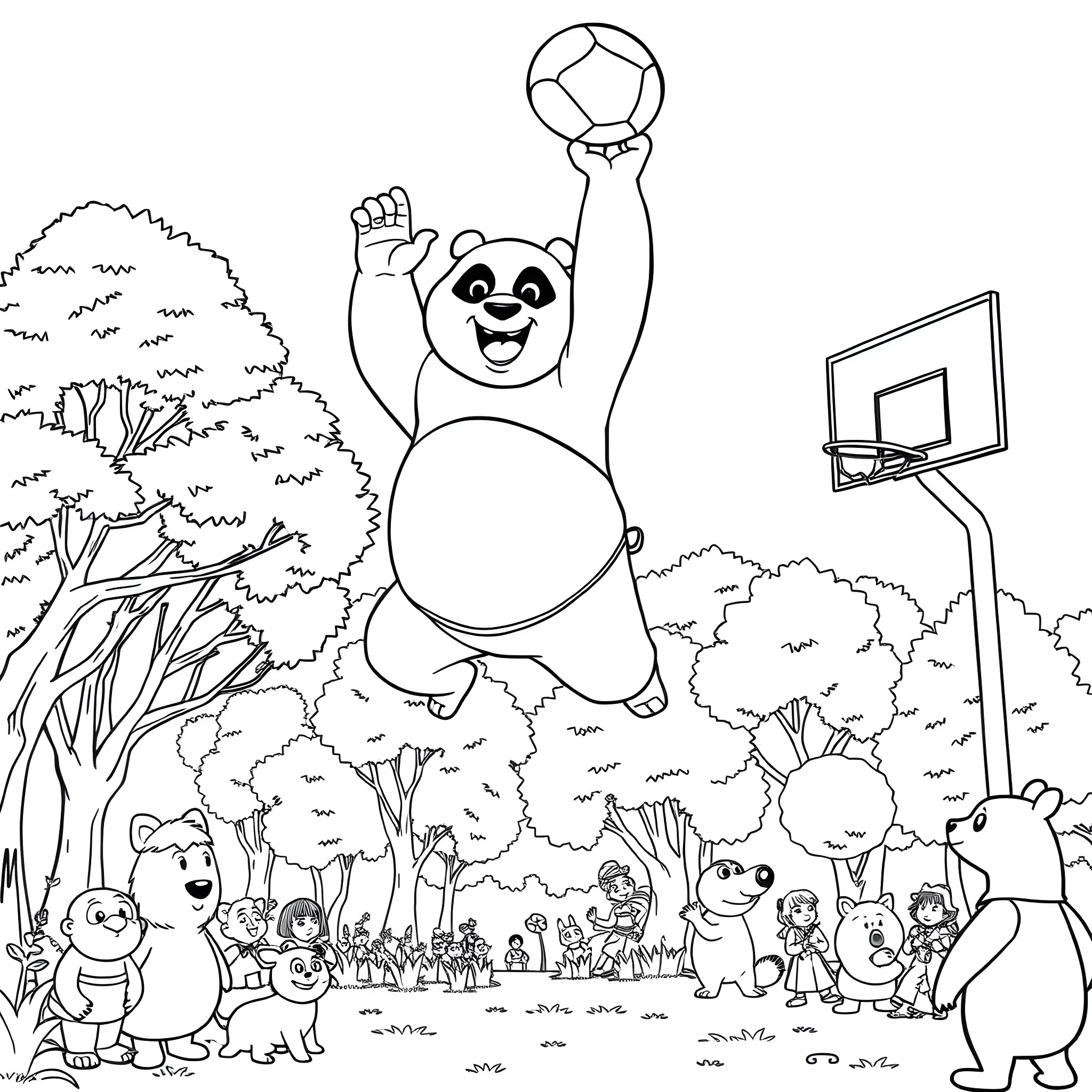 Kung Fu Panda playing basketball with animal friends in the forest Coloring Page (free black-and-white line drawing printable PDF for all, from beginners to advanced learners, including children, teens, adults, and seniors)