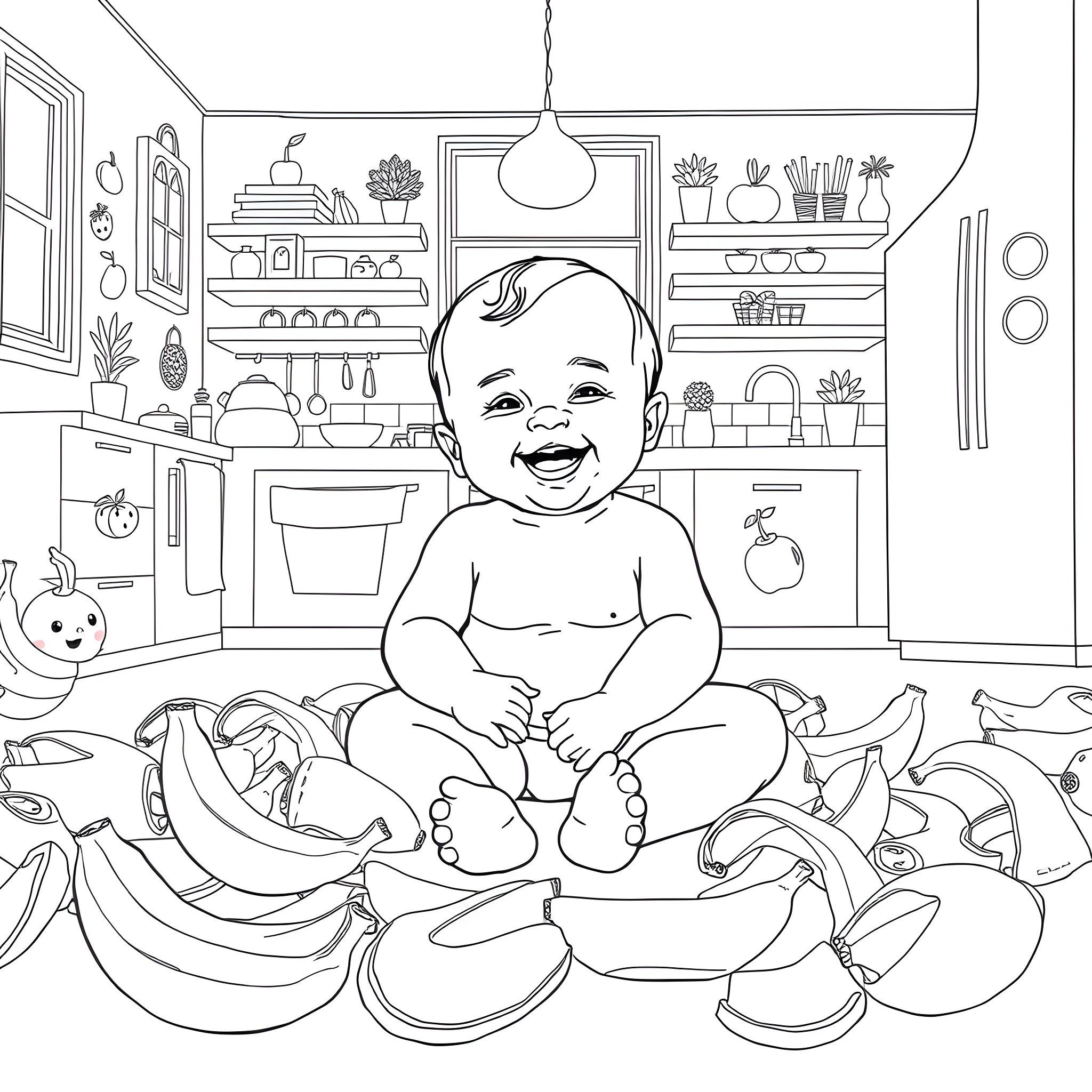 Baby playing happily with fruits in the kitchen Coloring Page (free black-and-white line drawing printable PDF for all, from beginners to advanced learners, including children, teens, adults, and seniors)