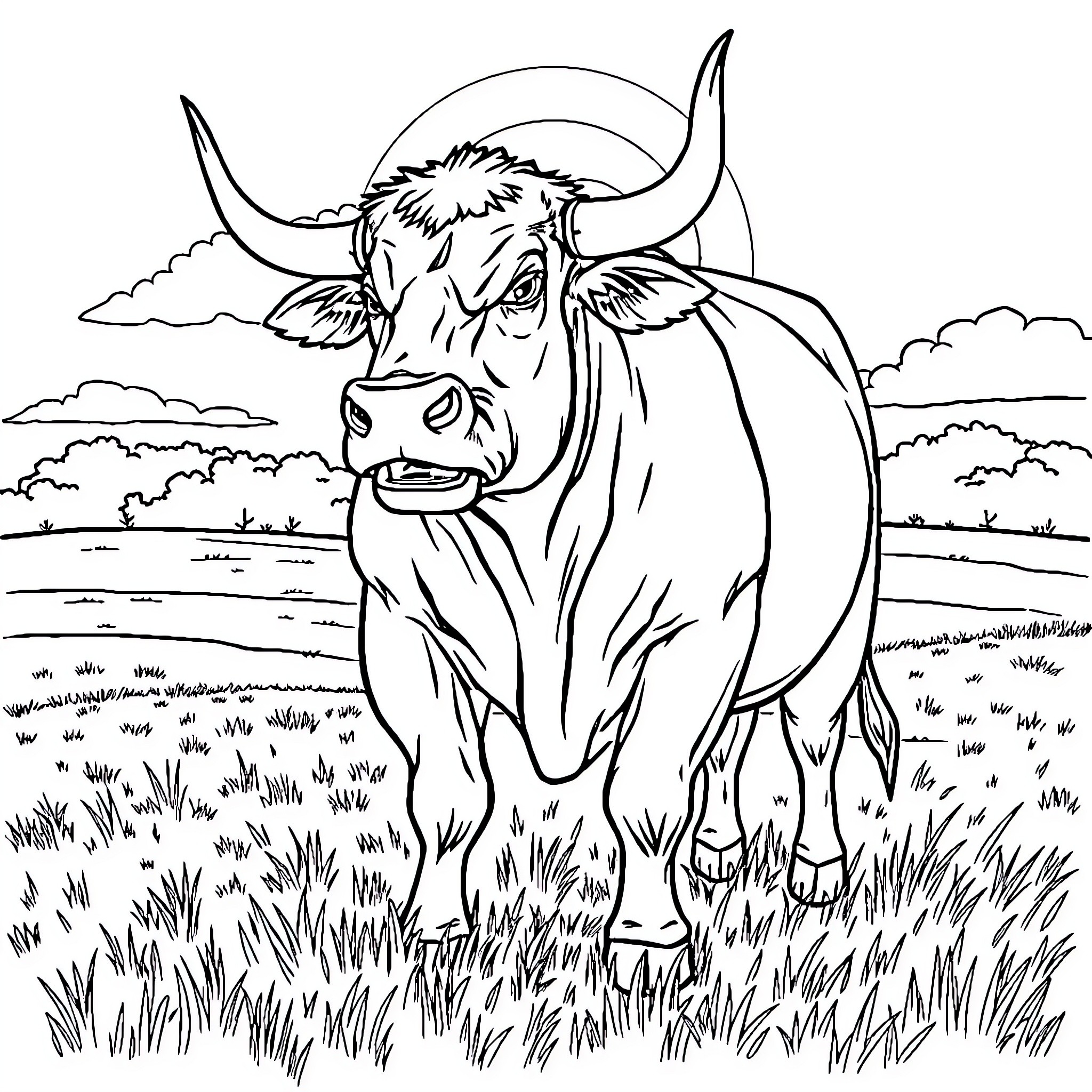 Bull grazing in a grassy meadow Coloring Page (free black-and-white line drawing printable PDF for all, from beginners to advanced learners, including children, teens, adults, and seniors)