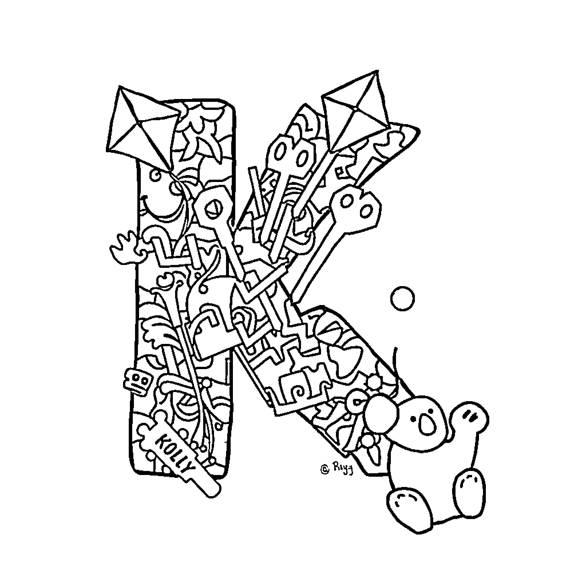 Letter K: Abstract patterns and playful characters Coloring Page (free black-and-white line drawing printable PDF for all, from beginners to advanced learners, including children, teens, adults, and seniors)