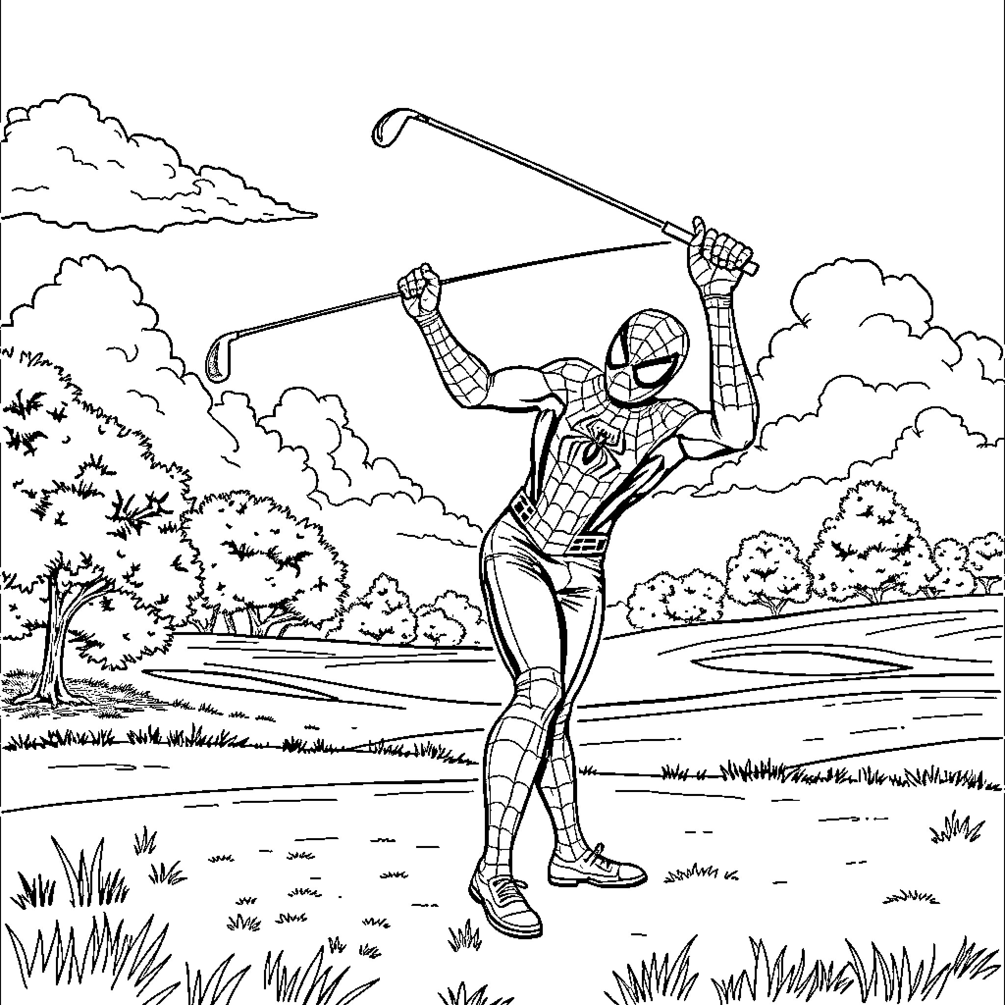 Spider-Man swinging through the city landscape Coloring Page (free black-and-white line drawing printable PDF for all, from beginners to advanced learners, including children, teens, adults, and seniors)