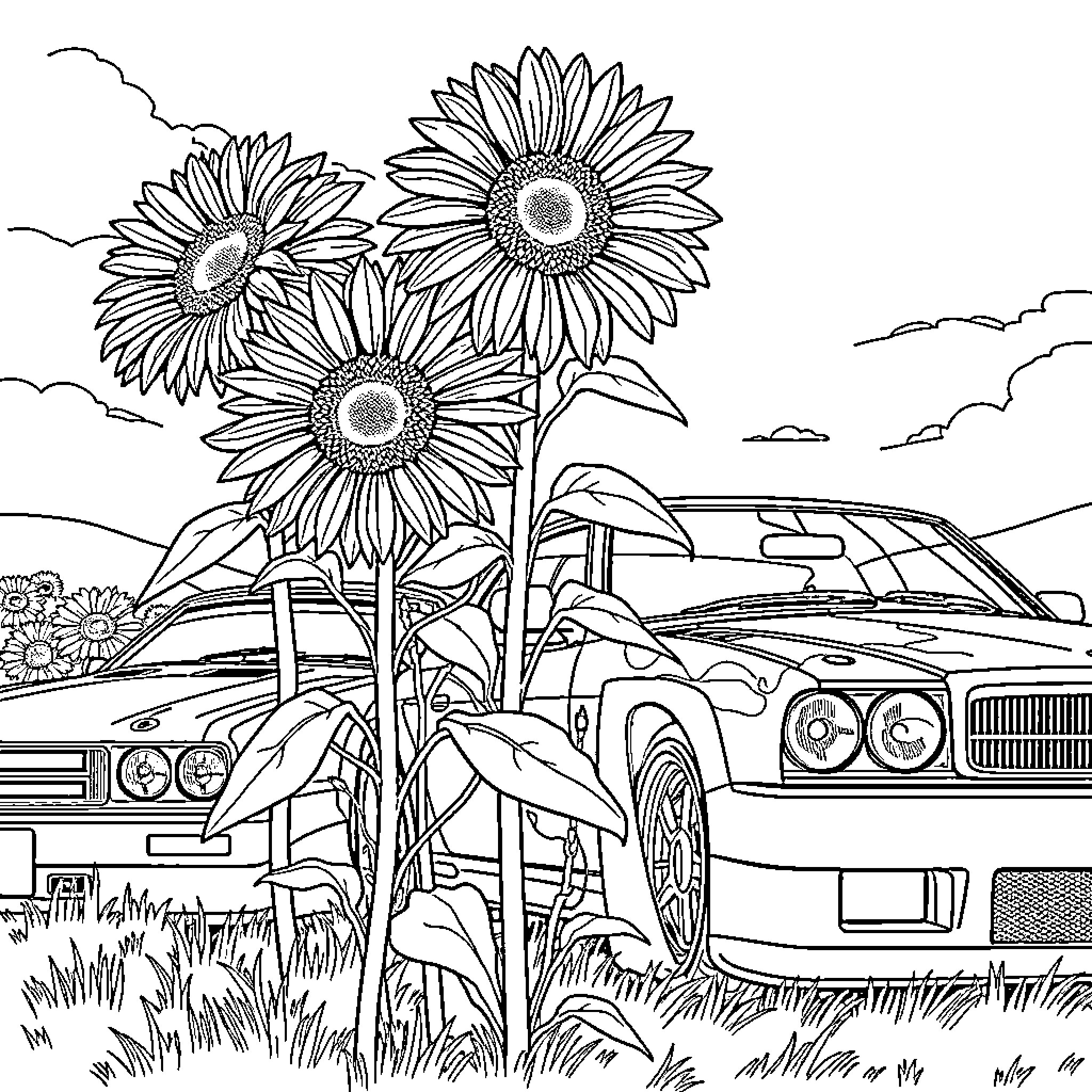 Sunflowers blooming in a pastoral landscape with a vintage car Coloring Page (free black-and-white line drawing printable PDF for all, from beginners to advanced learners, including children, teens, adults, and seniors)