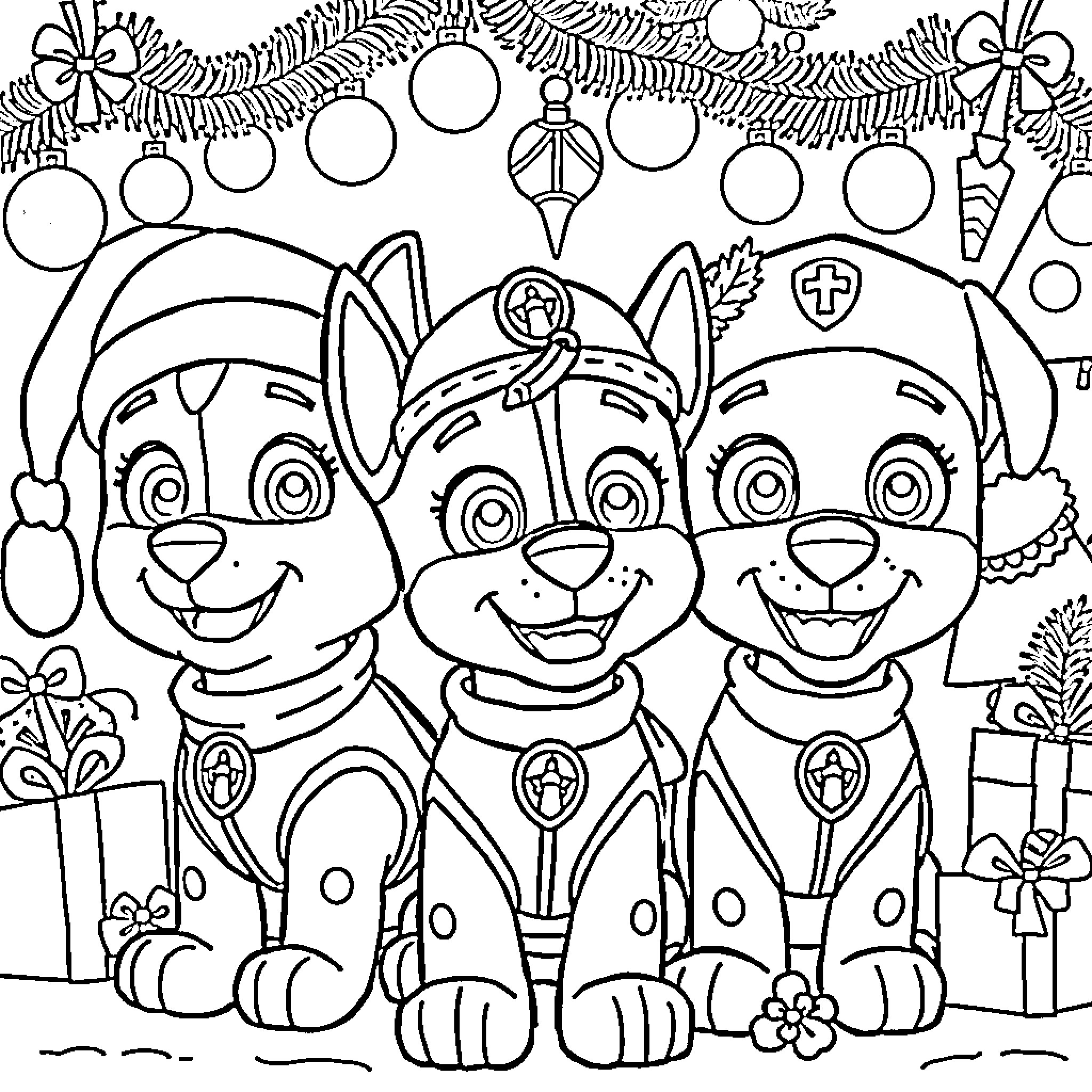Paw Patrol Characters Celebrating Christmas Coloring Page (free black-and-white line drawing printable PDF for all, from beginners to advanced learners, including children, teens, adults, and seniors)