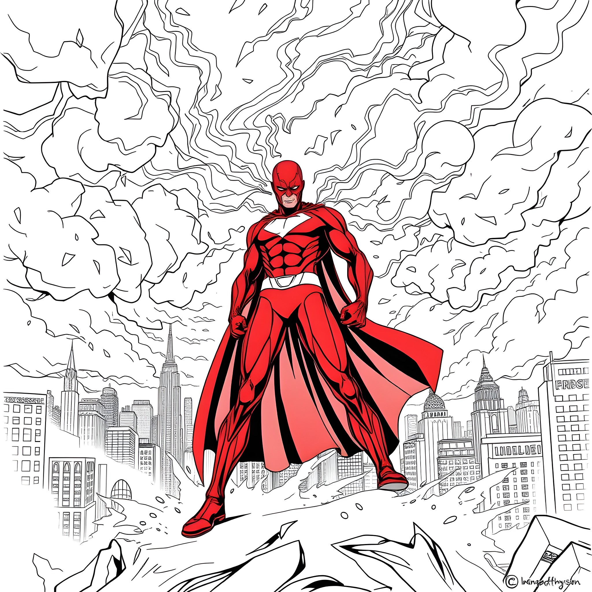 Red Tornado's Heroic Surge over the City Coloring Page (free black-and-white line drawing printable PDF for all, from beginners to advanced learners, including children, teens, adults, and seniors)