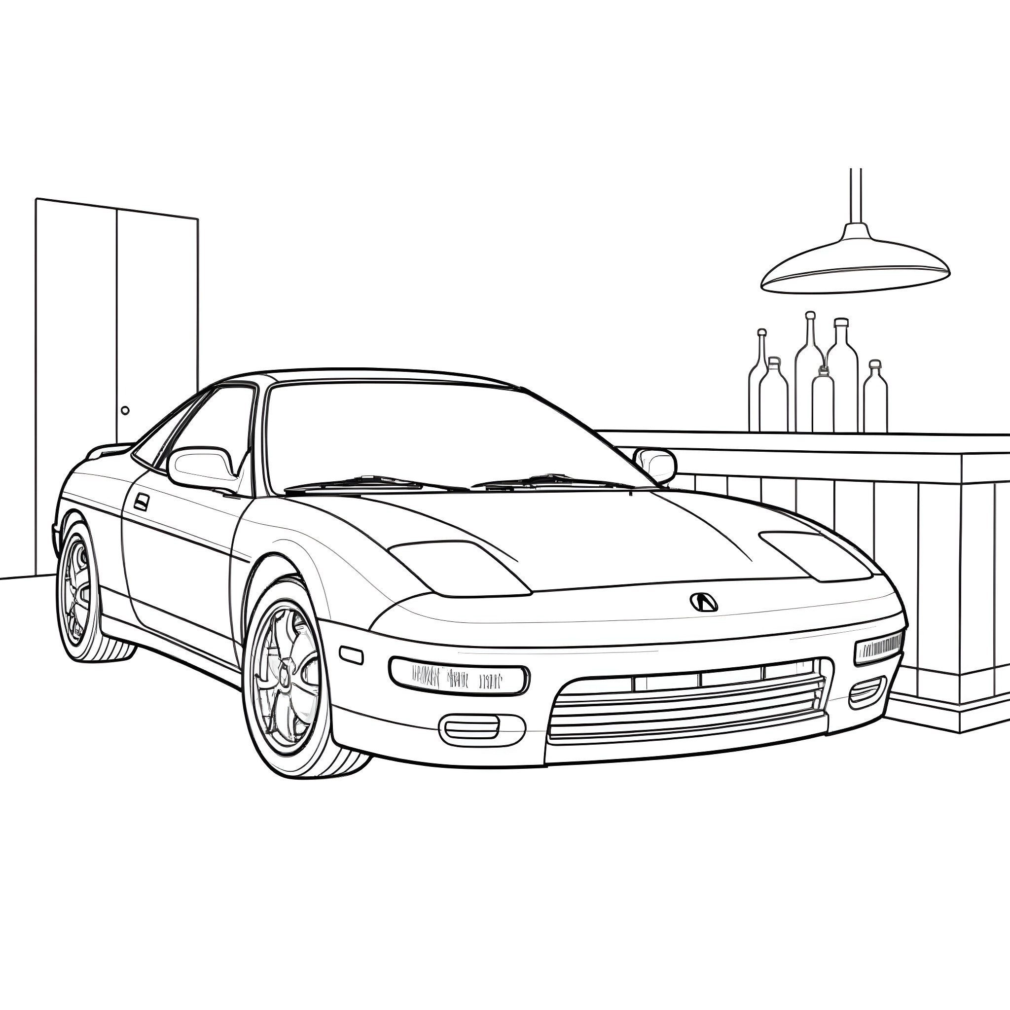 Acura sports car parked in a garage Coloring Page (free black-and-white line drawing printable PDF for all, from beginners to advanced learners, including children, teens, adults, and seniors)